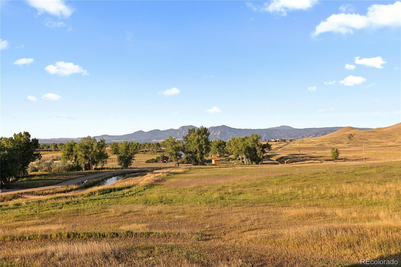This image showcases a vast, golden-hued field leading up to a line of mature trees and distant mountains under a clear blue sky. A small pond or stream meanders through the landscape, adding a touch of serenity. The scene evokes a sense of spaciousness and natural beauty, ideal for a property emphasizing outdoor living and scenic views.