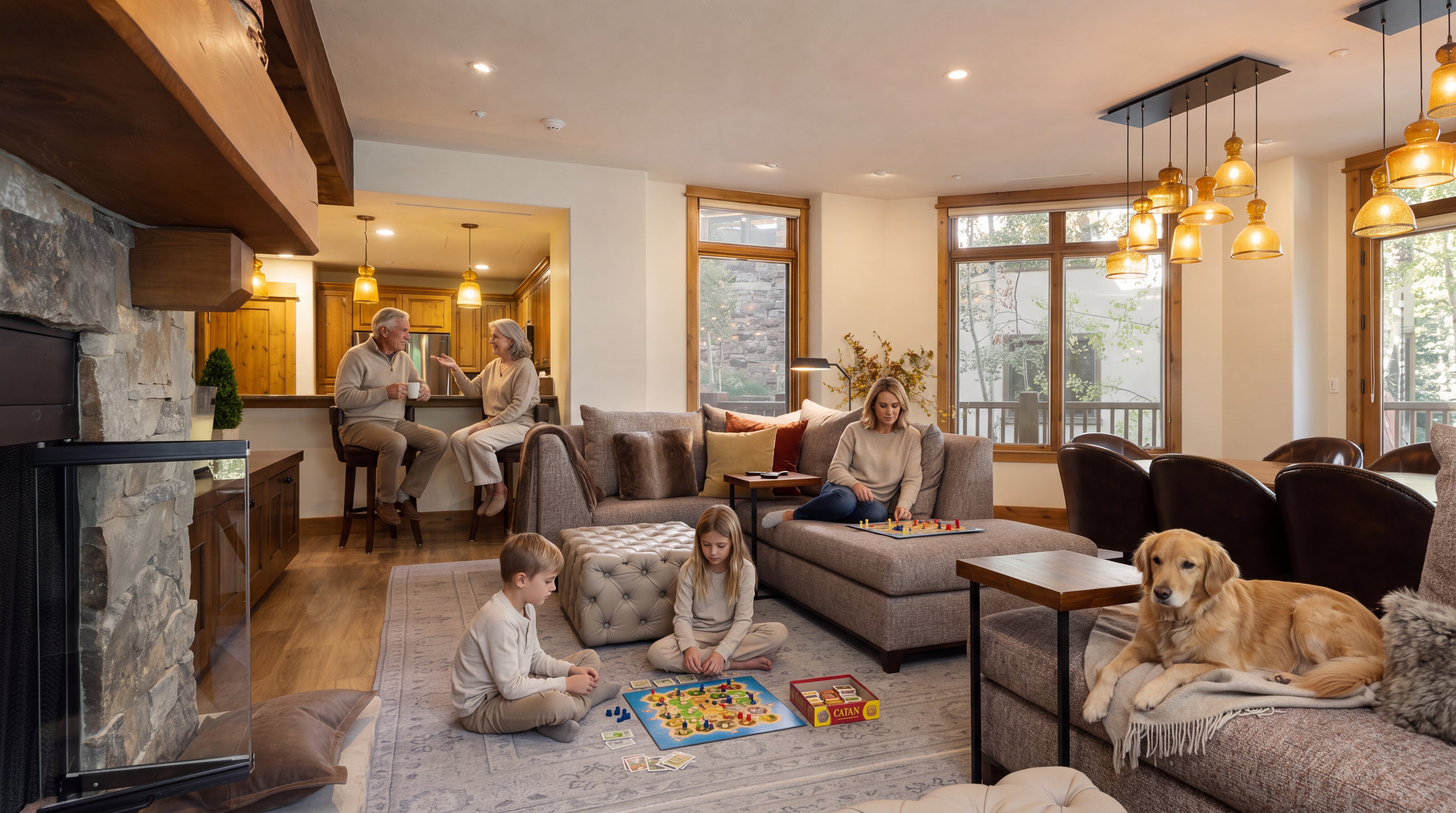 This spacious, open-concept living area features a warm, inviting atmosphere with a stone fireplace, plush seating, and a dedicated game area for family activities. The room transitions seamlessly into an adjacent kitchen and dining space, highlighted by custom wooden cabinetry and elegant pendant lighting. Large windows allow natural light to fill the room, emphasizing the high-end finishes and comfortable, family-oriented layout.
