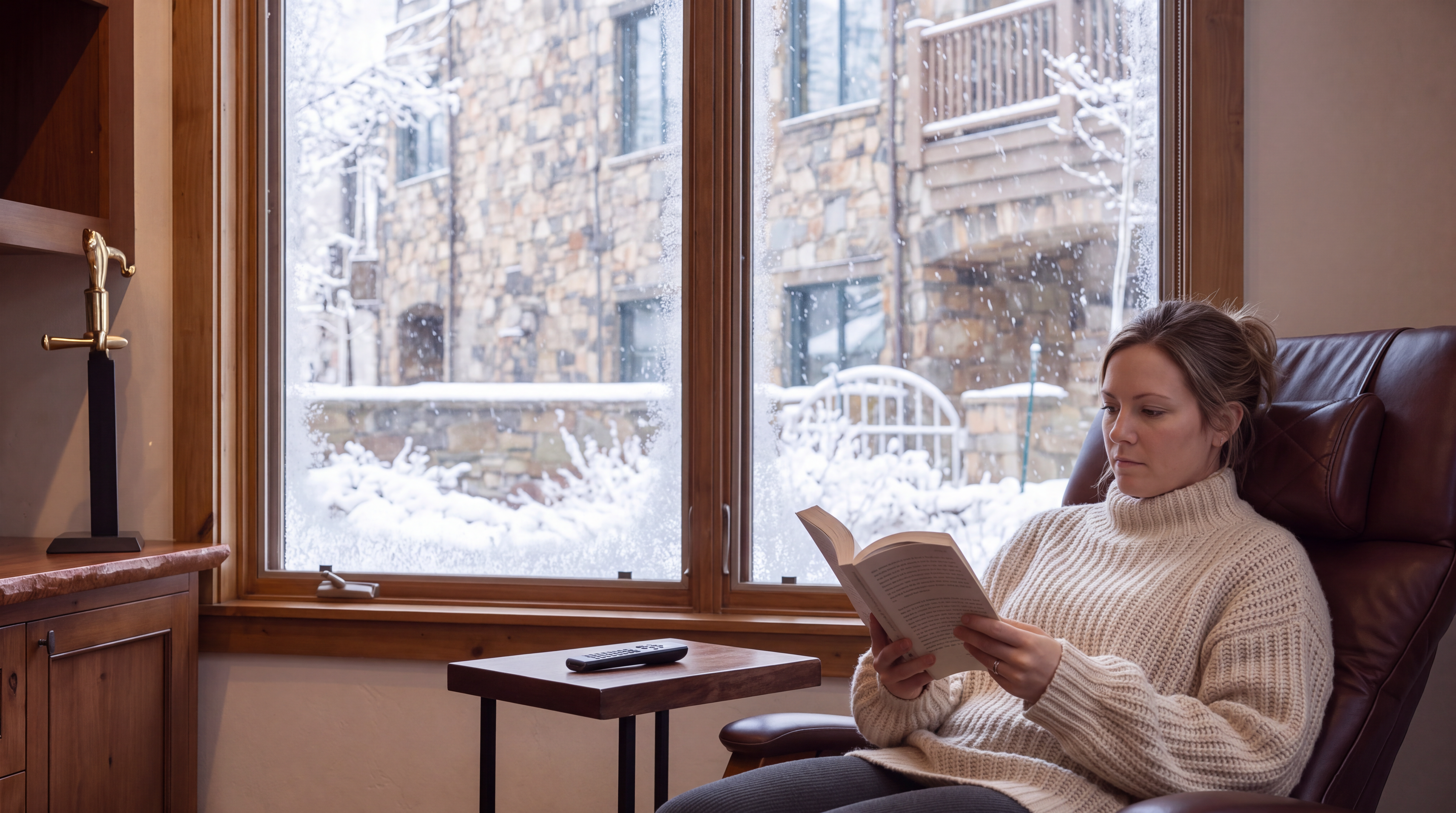 This cozy and functional home office features rich, custom-built cherry wood cabinetry, a live-edge desk, and an ergonomic chair. A large window provides a picturesque, snowy view, while the warm lighting and comfortable armchair create a relaxing atmosphere for working or reading. The space is well-organized and exudes a sophisticated, rustic mountain aesthetic.