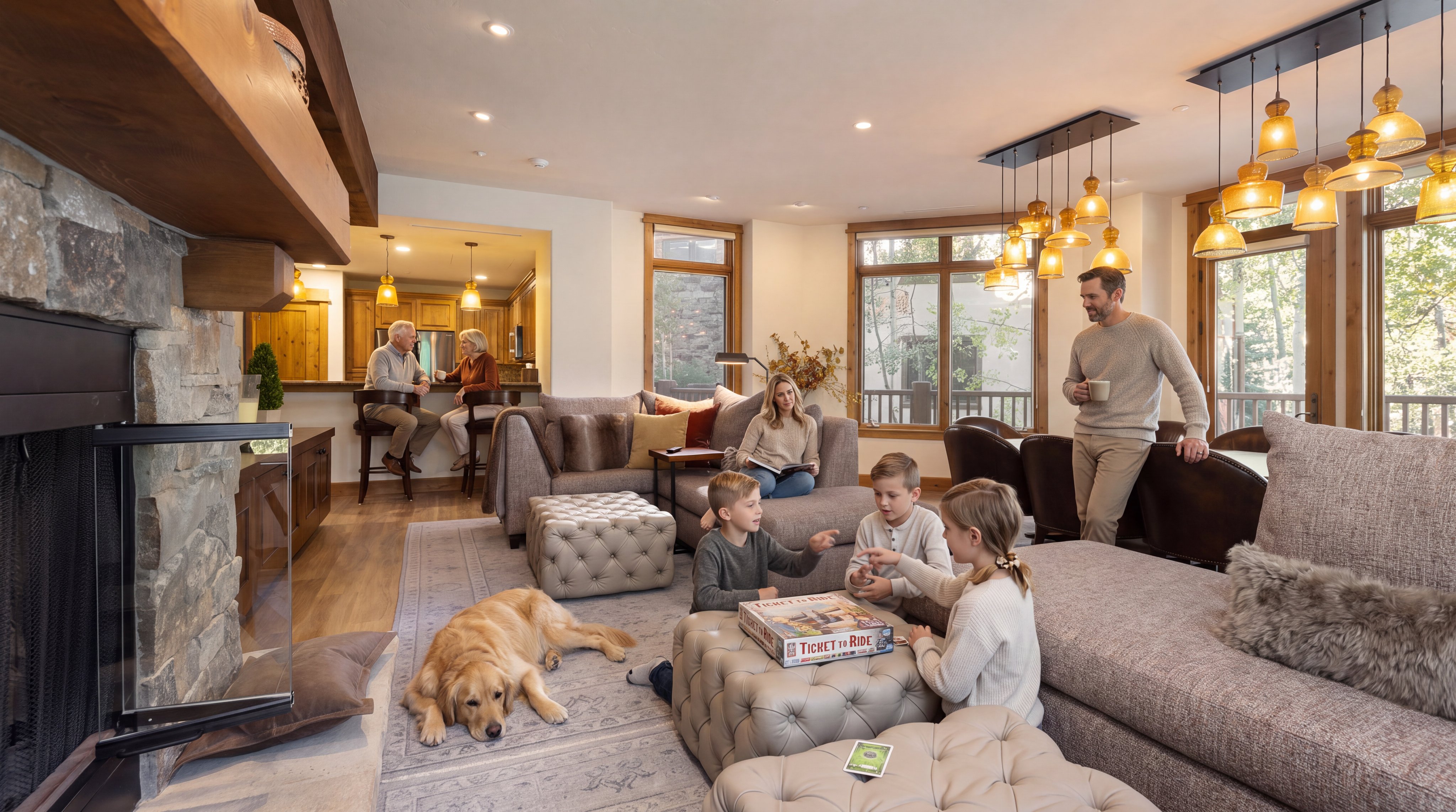 This spacious and inviting living room features an open-concept layout that seamlessly connects to a modern kitchen and dining area. The space is anchored by a large stone fireplace and high-end finishes, creating a cozy atmosphere perfect for family gatherings. With its warm lighting, plush seating, and beautiful natural wood accents, this home exudes a comfortable, upscale mountain-lodge aesthetic.