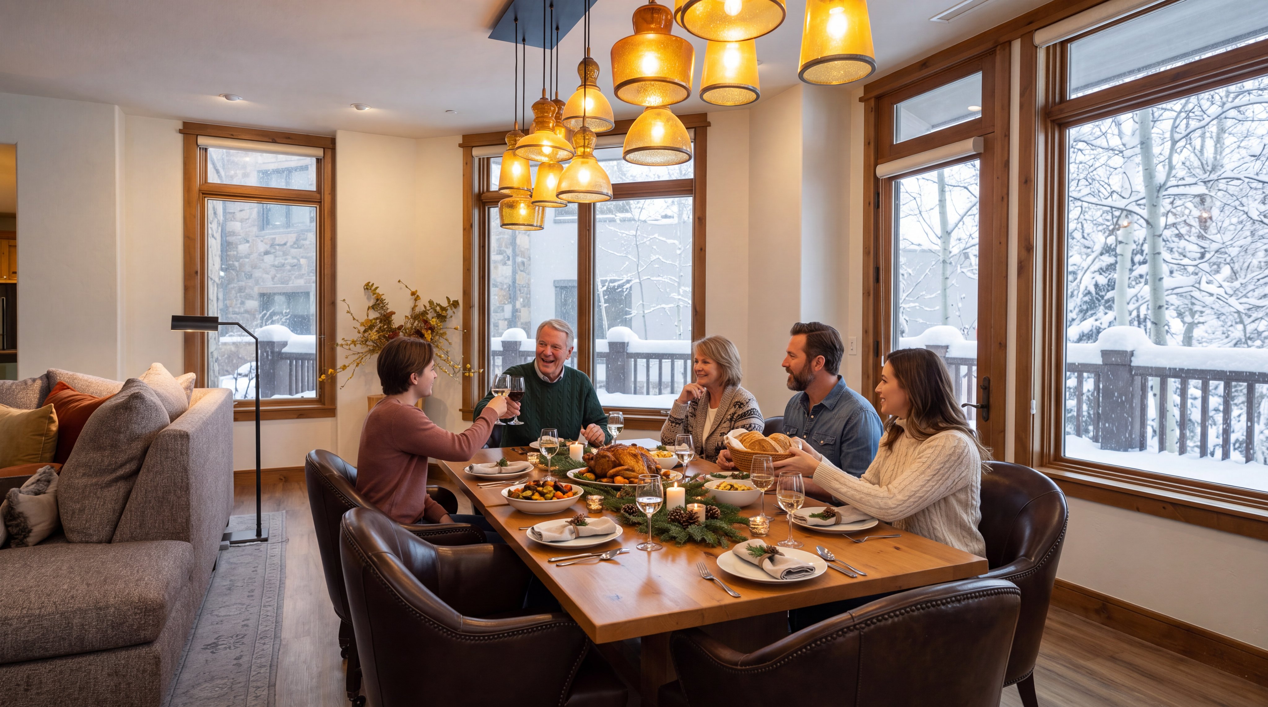 This elegant dining room features a solid wood table surrounded by dark leather chairs with nailhead trim. A unique cluster of amber-toned glass pendant lights serves as a dramatic centerpiece, while large windows with warm wood trim offer a pleasant view of the outdoors. The space seamlessly integrates with an adjacent living area, creating an open and inviting atmosphere with a sophisticated, rustic feel.