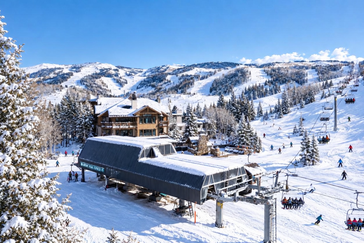 This stunning, elevated aerial view showcases a premier ski-in/ski-out location, specifically highlighting 'One Arrowhead Place #A200' amidst a picturesque, snow-covered mountain landscape. The property is situated adjacent to a major ski lift terminal and expansive groomed trails, offering unparalleled accessibility for winter sports enthusiasts. The rustic mountain architecture of the building blends seamlessly into the serene, alpine environment, emphasizing its desirability as a high-end vacation retreat.