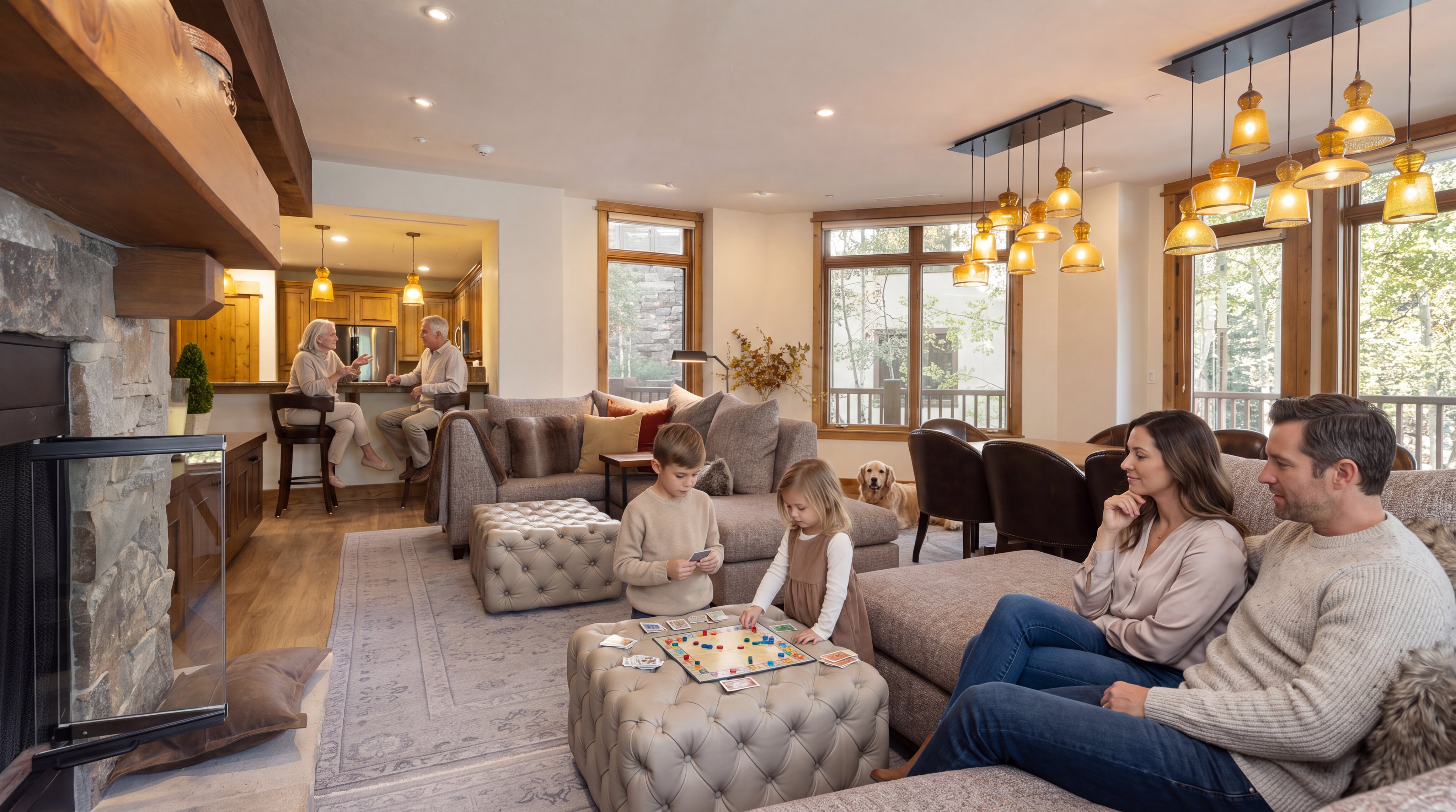 This spacious, open-concept living area features a warm, rustic-luxe aesthetic highlighted by a large stone fireplace and cozy, neutral-toned seating. The room seamlessly connects to a dining area and kitchen, creating an inviting space for family interaction, while high-end finishes, layered textures, and abundant natural light enhance the welcoming atmosphere.