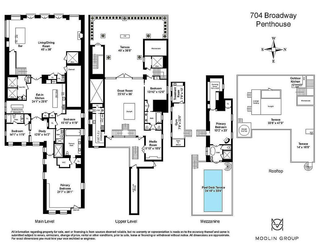 This image is a comprehensive architectural floor plan for the 704 Broadway Penthouse, detailing the layout across three levels: Main Level, Upper Level, and Mezzanine, plus a rooftop area. The floor plan illustrates a luxurious, multi-level residence featuring multiple bedrooms, expansive living and dining areas, a gym, a media room, and extensive outdoor terrace spaces including a pool deck. The schematic provides a clear, top-down technical view of the property's spatial organization and flow.