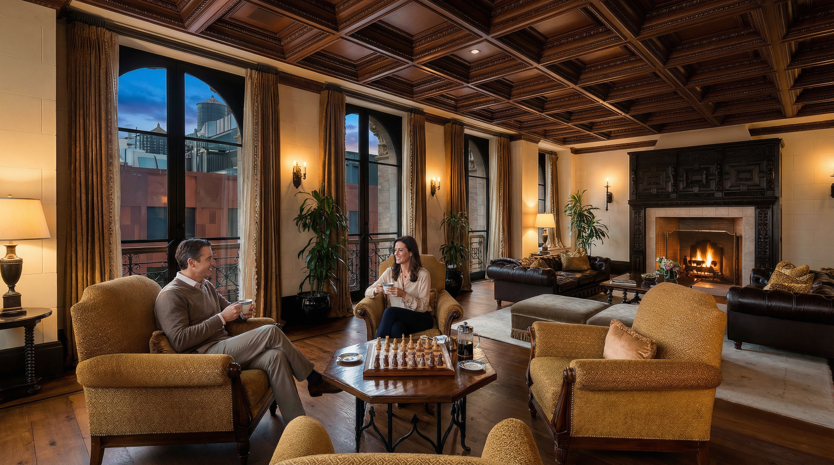 This sophisticated, luxurious living room features a rich coffered ceiling and a grand stone fireplace as its focal point. The space is comfortably furnished with golden-hued vintage-inspired armchairs and dark leather sofas, providing an ideal setting for relaxation or conversation. Large windows overlooking a city skyline, along with a chessboard set up in the center, enhance the elegant and inviting atmosphere of this high-end residential interior.