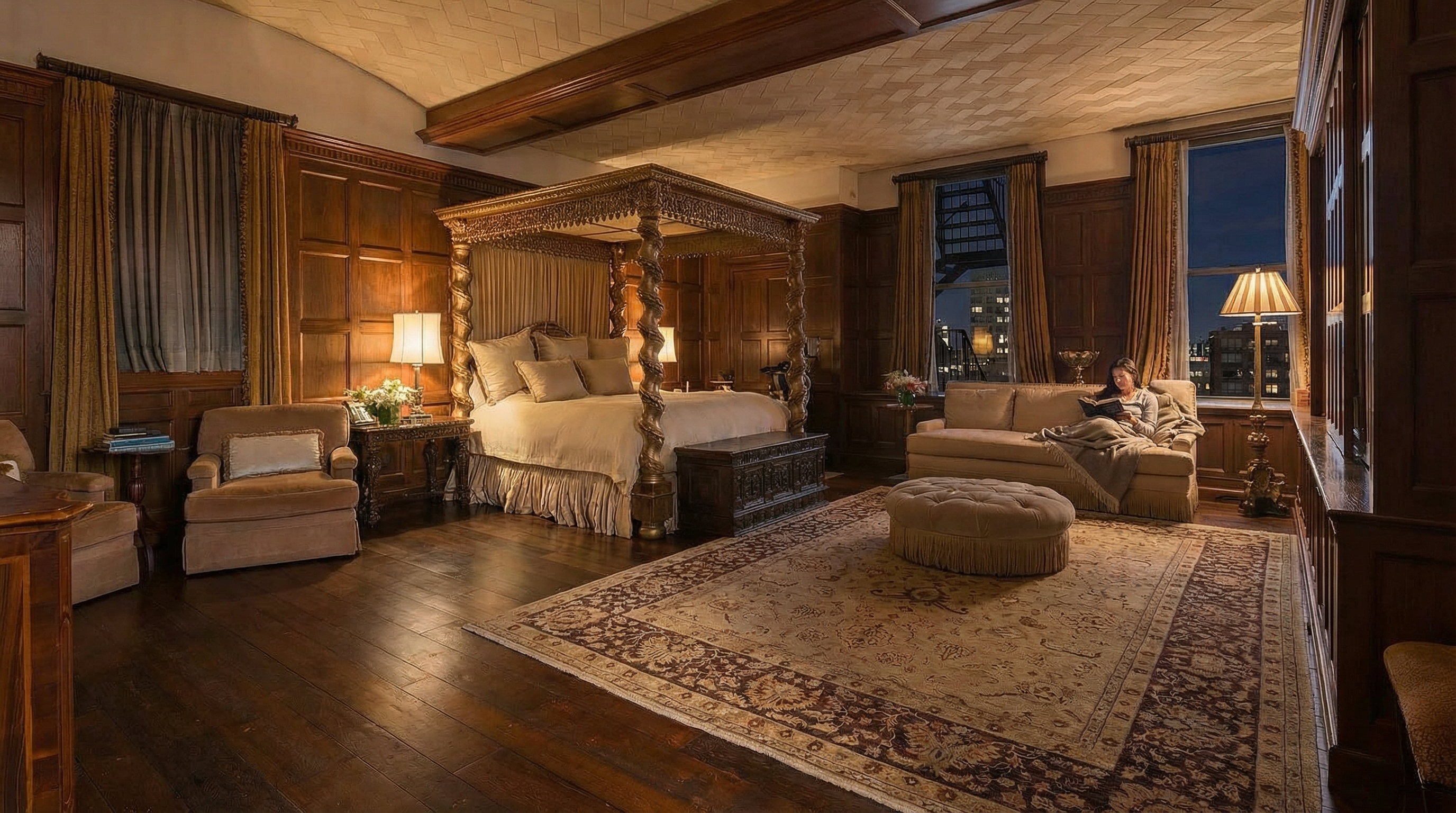 This luxurious primary bedroom exudes a regal and traditional aesthetic, characterized by rich wood-paneled walls and a stunning four-poster carved canopy bed. The room features a spacious seating area with a sofa, a patterned area rug, and custom ceiling detail, creating a sophisticated and cozy atmosphere. Expansive windows provide a glimpse of the city skyline, adding modern urban appeal to the historic, elegant design.