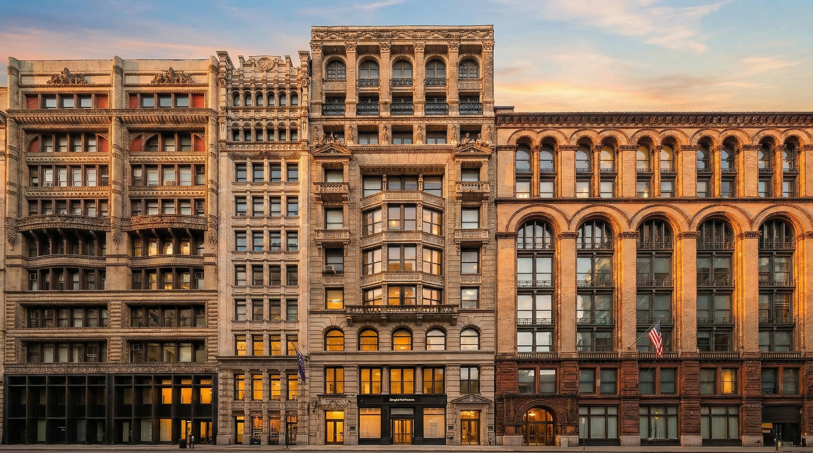 This image captures a striking front-facing view of a historic, multi-story urban building characterized by intricate Beaux-Arts architectural details. The facade features a symmetrical arrangement of windows, ornate stone carvings, and a prominent central bay with projecting window sections, flanked by two neighboring buildings. The perspective is a straight-on, eye-level shot that emphasizes the grand scale and classical design elements of the structure.