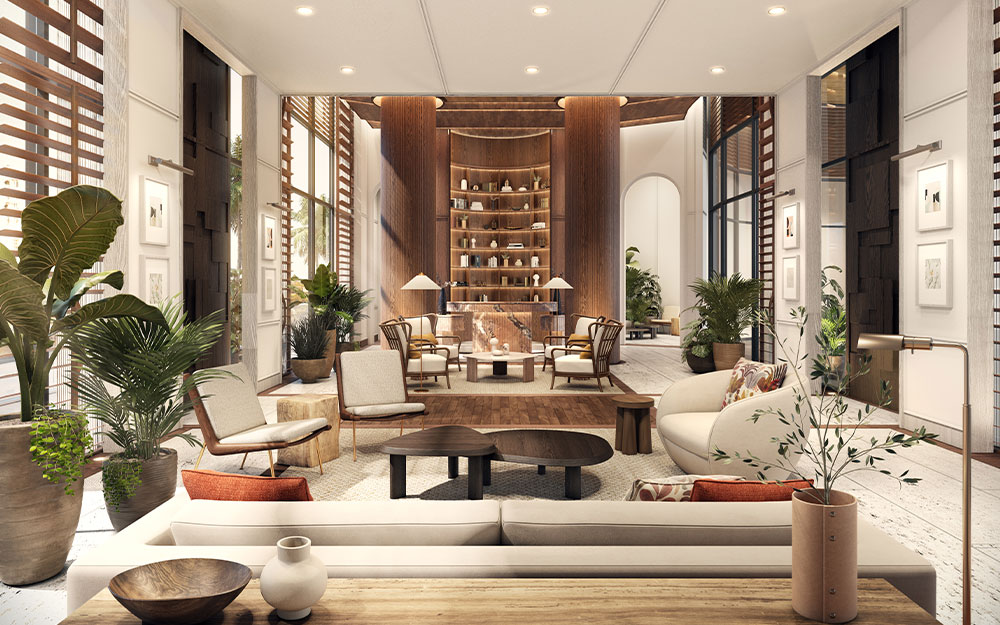 This is a luxurious living room featuring a blend of modern and natural elements. The space is furnished with comfortable seating arrangements, including sofas and armchairs, complemented by wooden coffee tables and decorative items. Large windows and indoor plants bring the outdoors in, creating a serene and inviting atmosphere.