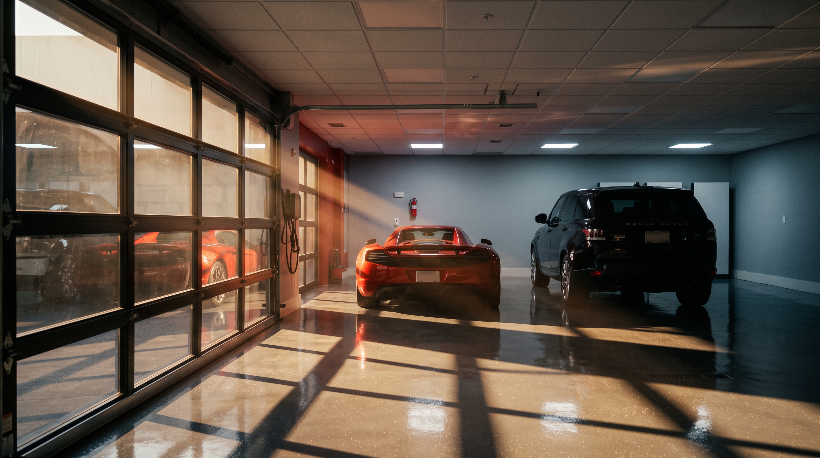 This spacious, high-end garage features a polished, reflective concrete floor and a grid of recessed ceiling lights, creating a clean and professional aesthetic. The space is equipped with a large wall-mounted television and houses two luxury vehicles, including a red sports car and a black SUV. A glass-paneled garage door on the left provides a view into the space, emphasizing its role as a showcase area for automotive enthusiasts.