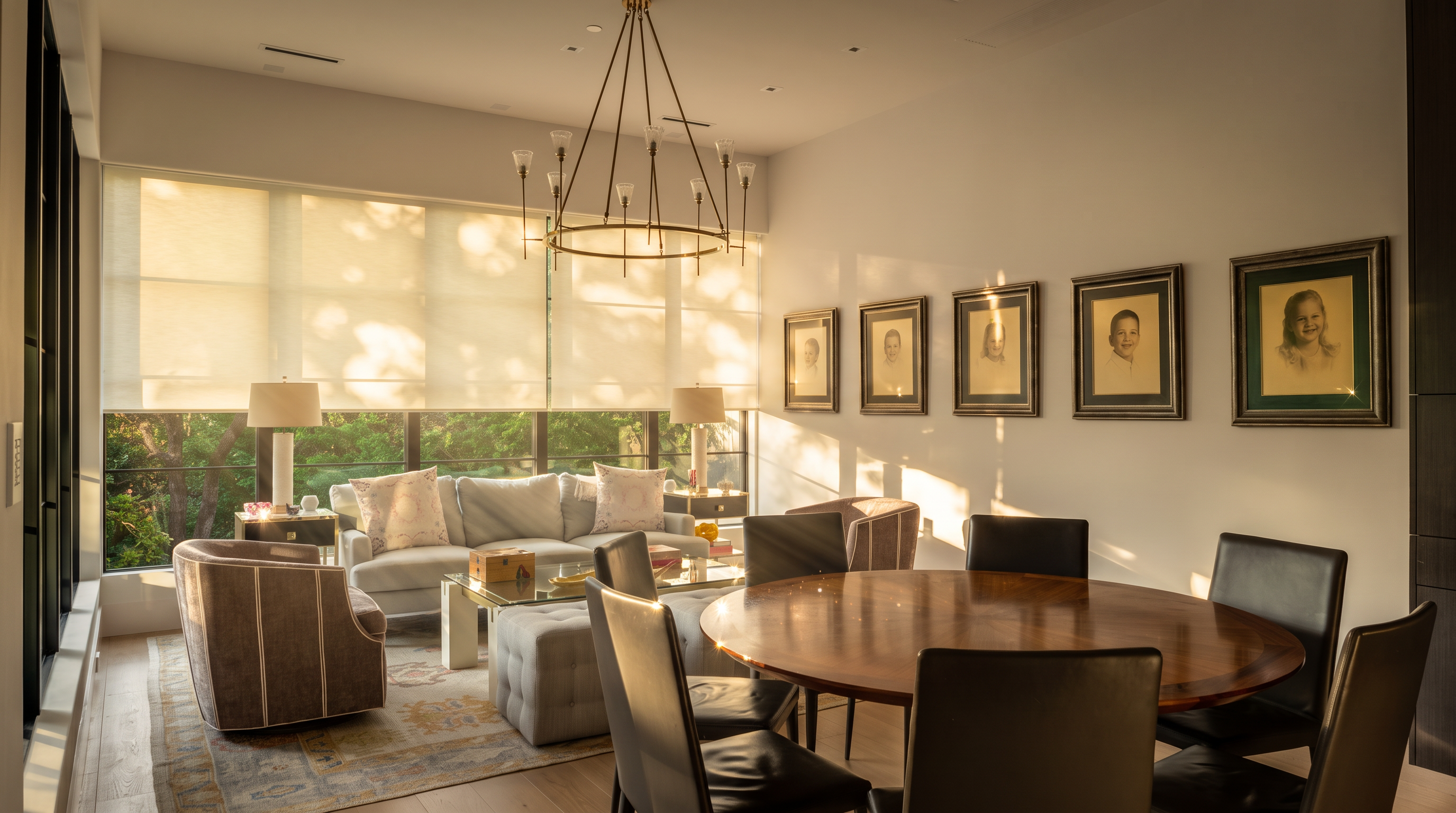 This open-concept living and dining area features a bright, airy aesthetic with light wood flooring and large windows that provide a view of the lush greenery outside. The space is anchored by a comfortable seating area with a light-toned sofa and patterned rug, while a round wooden dining table with dark leather chairs occupies the foreground. The walls are adorned with a series of framed portraits, and a modern, multi-armed chandelier serves as a central focal point above the dining area.