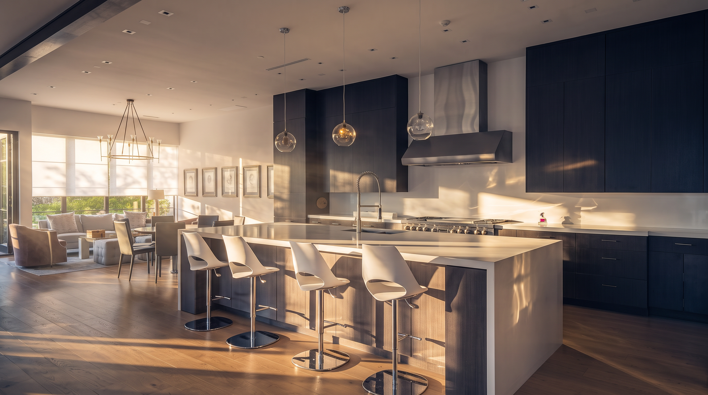 This expansive, open-concept kitchen features a large central island with a light-toned countertop and four modern white bar stools. Dark cabinetry provides a striking contrast against the white walls and light wood flooring, while a stainless steel range hood serves as a focal point above the stove. The perspective captures the kitchen flowing seamlessly into an adjacent dining and living area, creating a bright and airy atmosphere suitable for entertaining.