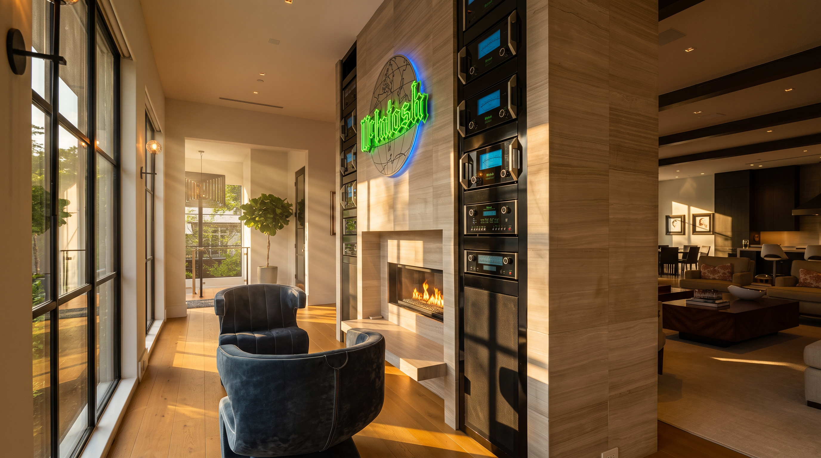 This sophisticated living space features a prominent, stone-clad chimney breast integrated with a vertical stack of high-end audio equipment and a glowing neon logo. Two plush, dark-toned velvet armchairs are positioned near large windows that allow ample natural light to fill the room. The open-concept design flows into an adjacent living area, showcasing a warm, neutral color palette and a blend of modern and refined textures.