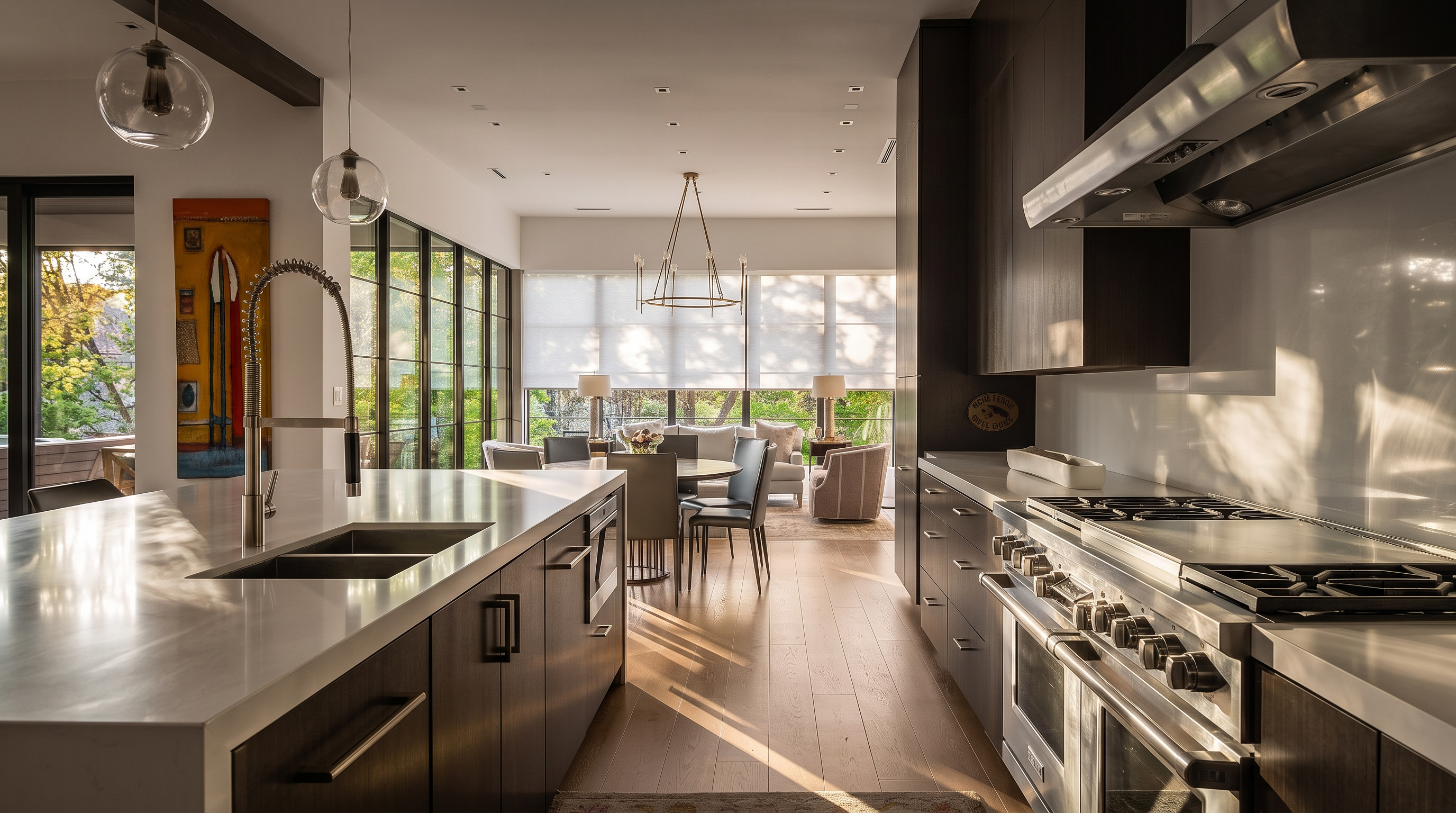 This modern kitchen features dark wood cabinetry paired with light-toned stone countertops and a professional-grade stainless steel range. The perspective looks from the kitchen island toward an open-concept dining area and living space, which are bathed in natural light from large windows. A patterned area rug adds texture to the light wood flooring, creating a warm and inviting atmosphere in this high-end home.