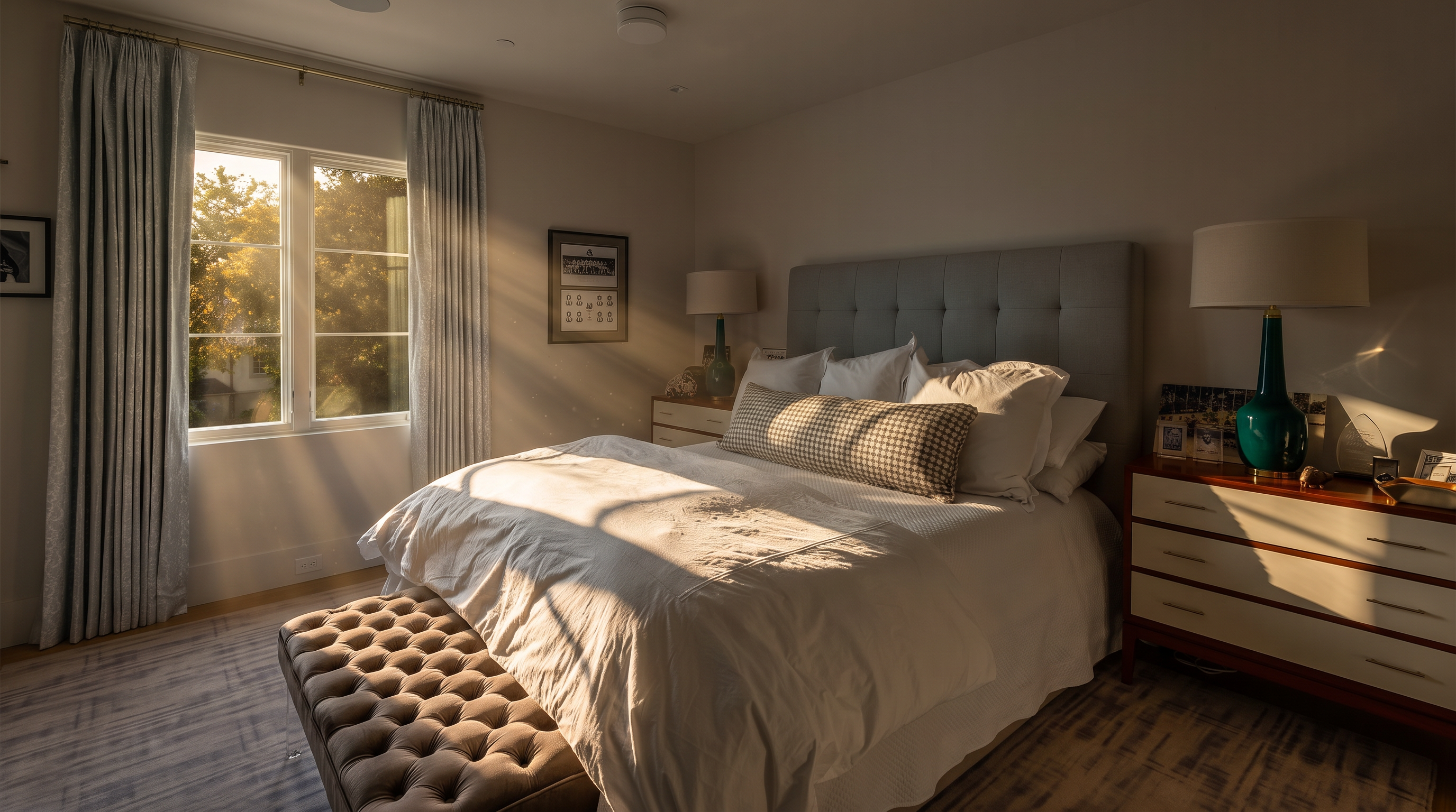 This bright and inviting bedroom features a plush, tufted headboard centered against a neutral wall, flanked by two matching nightstands with vibrant teal lamps. A tufted ottoman sits at the foot of the bed, while large windows draped in soft blue curtains allow natural light to fill the space. The room is finished with a patterned area rug and framed wall art, creating a cozy and well-appointed atmosphere.