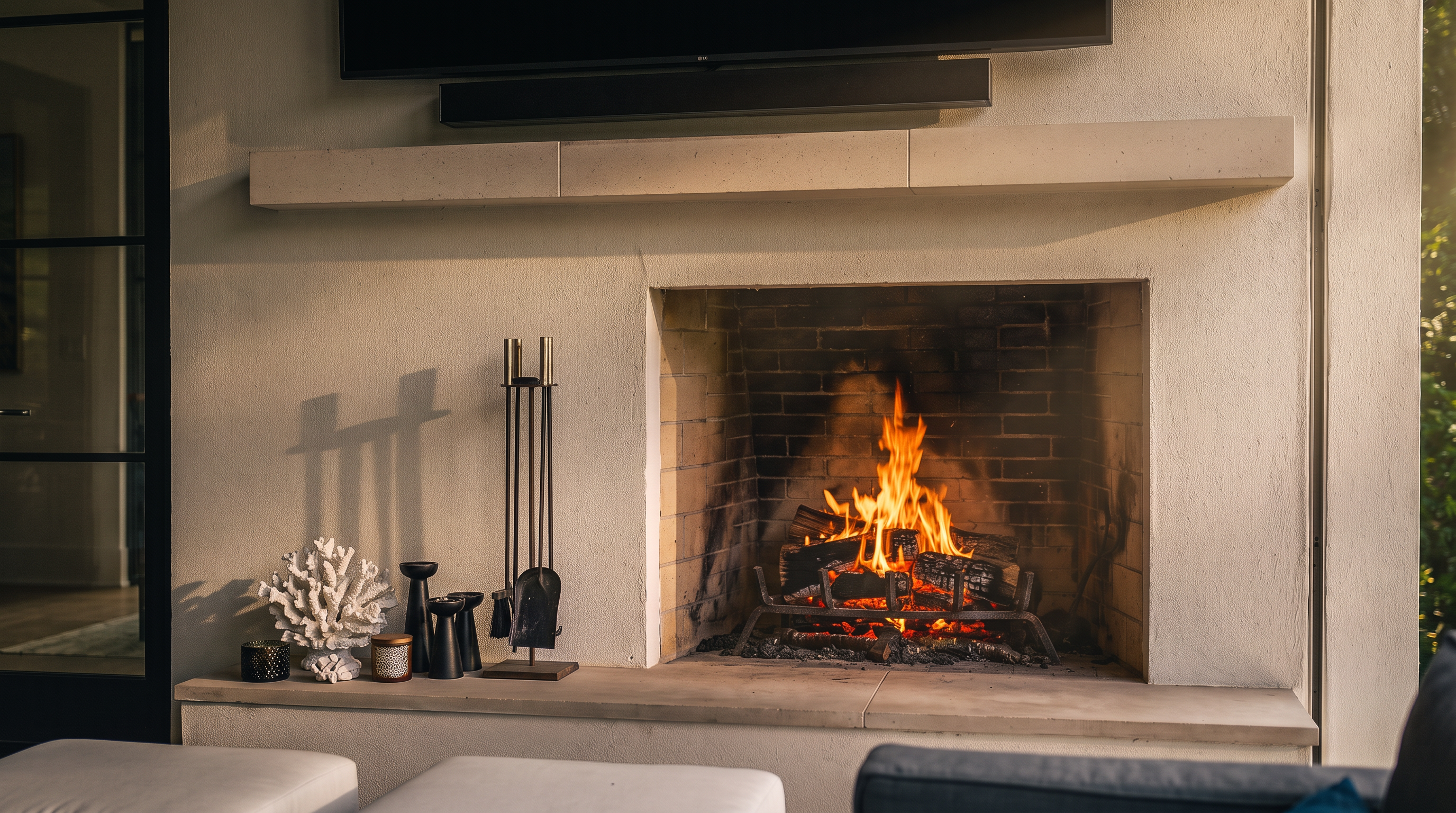 This outdoor living area features a modern stone-clad fireplace as its centerpiece, complete with a mounted television and soundbar above the mantel. The space is decorated with tasteful accents, including decorative coral sculptures and candle holders, and is set against a clean, contemporary backdrop. It creates an inviting and cozy atmosphere perfect for relaxation on an outdoor patio.