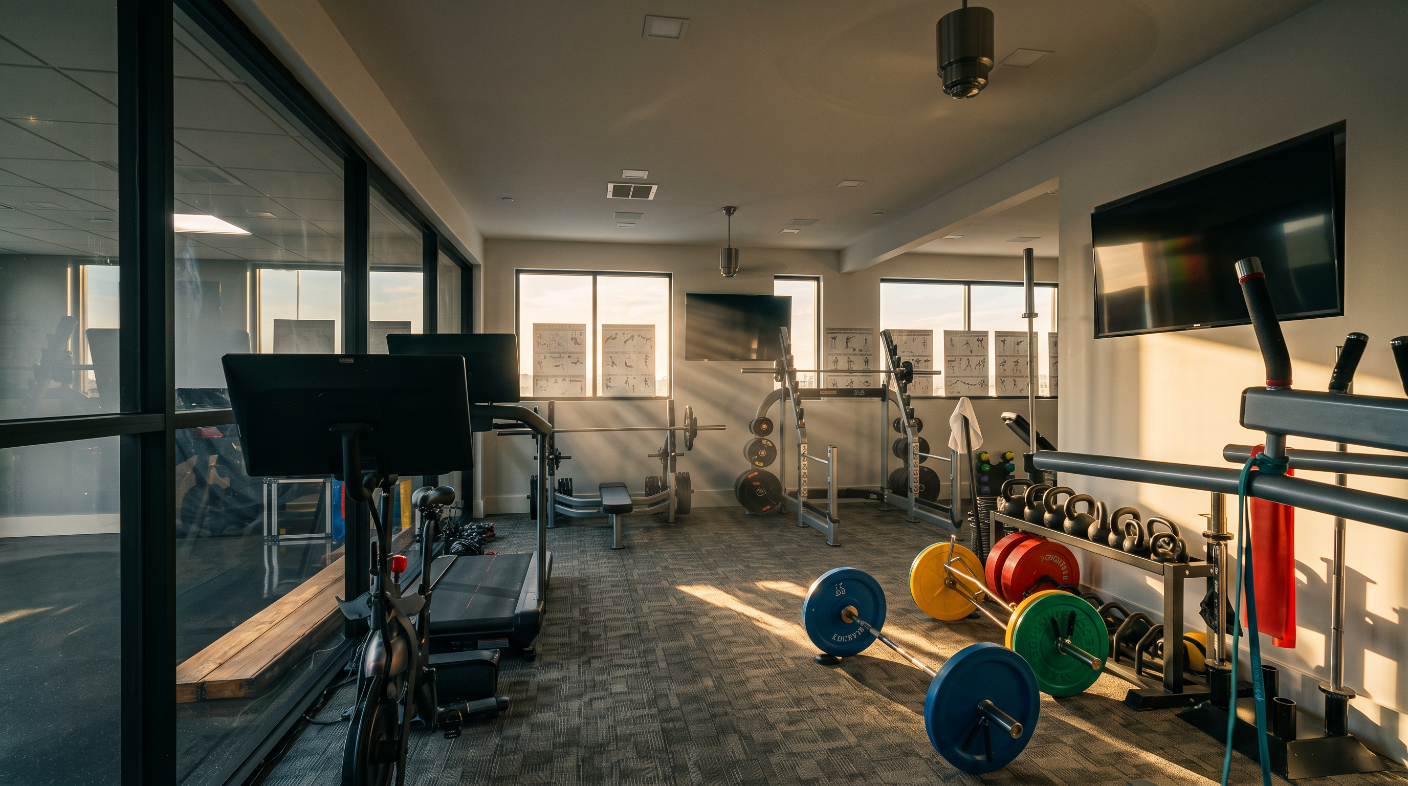 This well-equipped home gym features a variety of professional-grade fitness equipment, including a Peloton bike, a treadmill, a squat rack, and a weight rack with colorful plates. The space is finished with a neutral patterned carpet and includes wall-mounted televisions and instructional posters for workout guidance. A large glass partition wall separates the gym from an adjacent area, creating an open and modern feel.