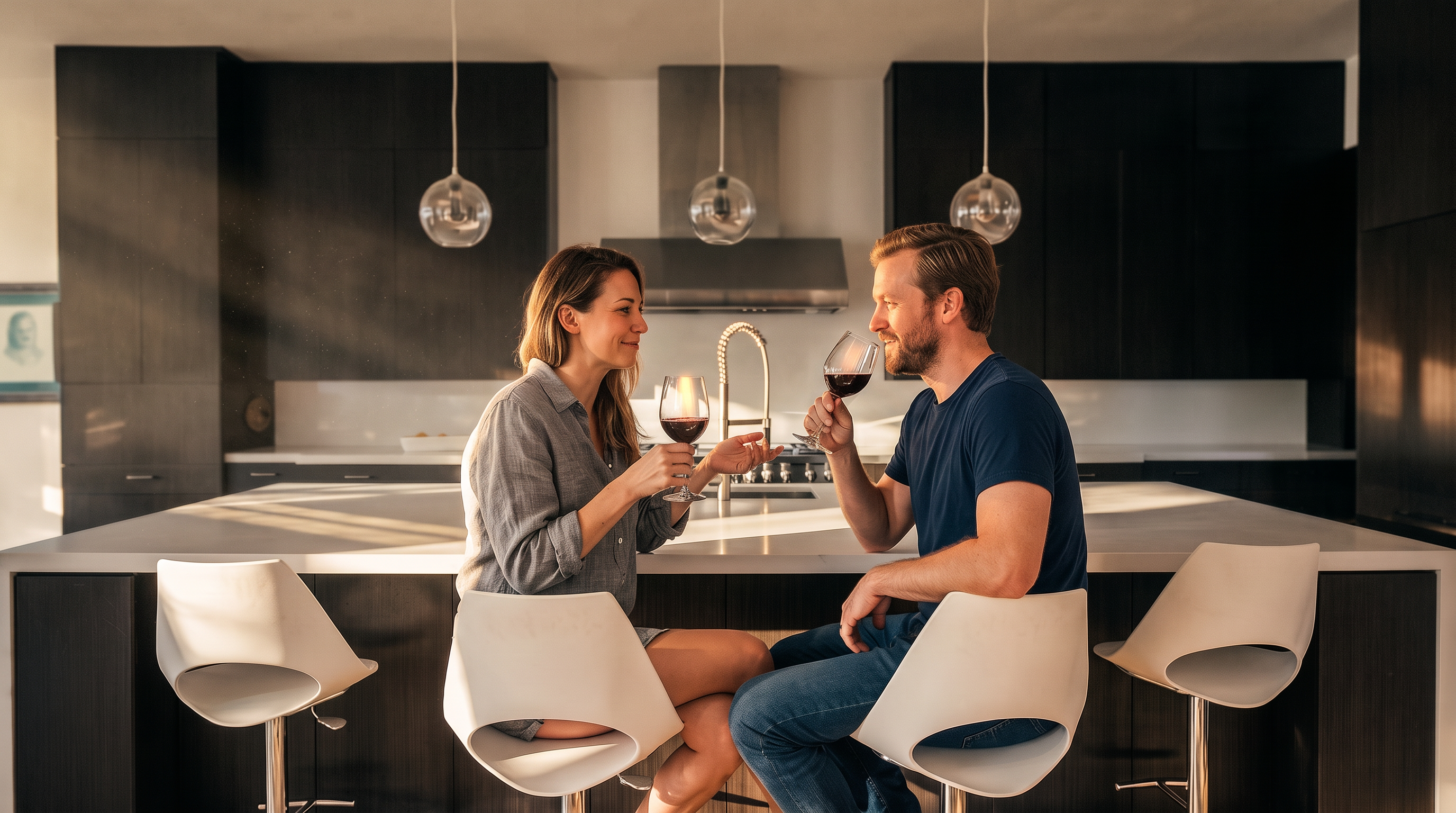 This modern kitchen features high-contrast dark cabinetry paired with crisp white countertops and a large central island. Three stylish pendant lights hang above the island, which is complemented by contemporary white bar stools. The minimalist design is emphasized by integrated stainless steel appliances, creating a sleek, inviting space for dining and entertaining.