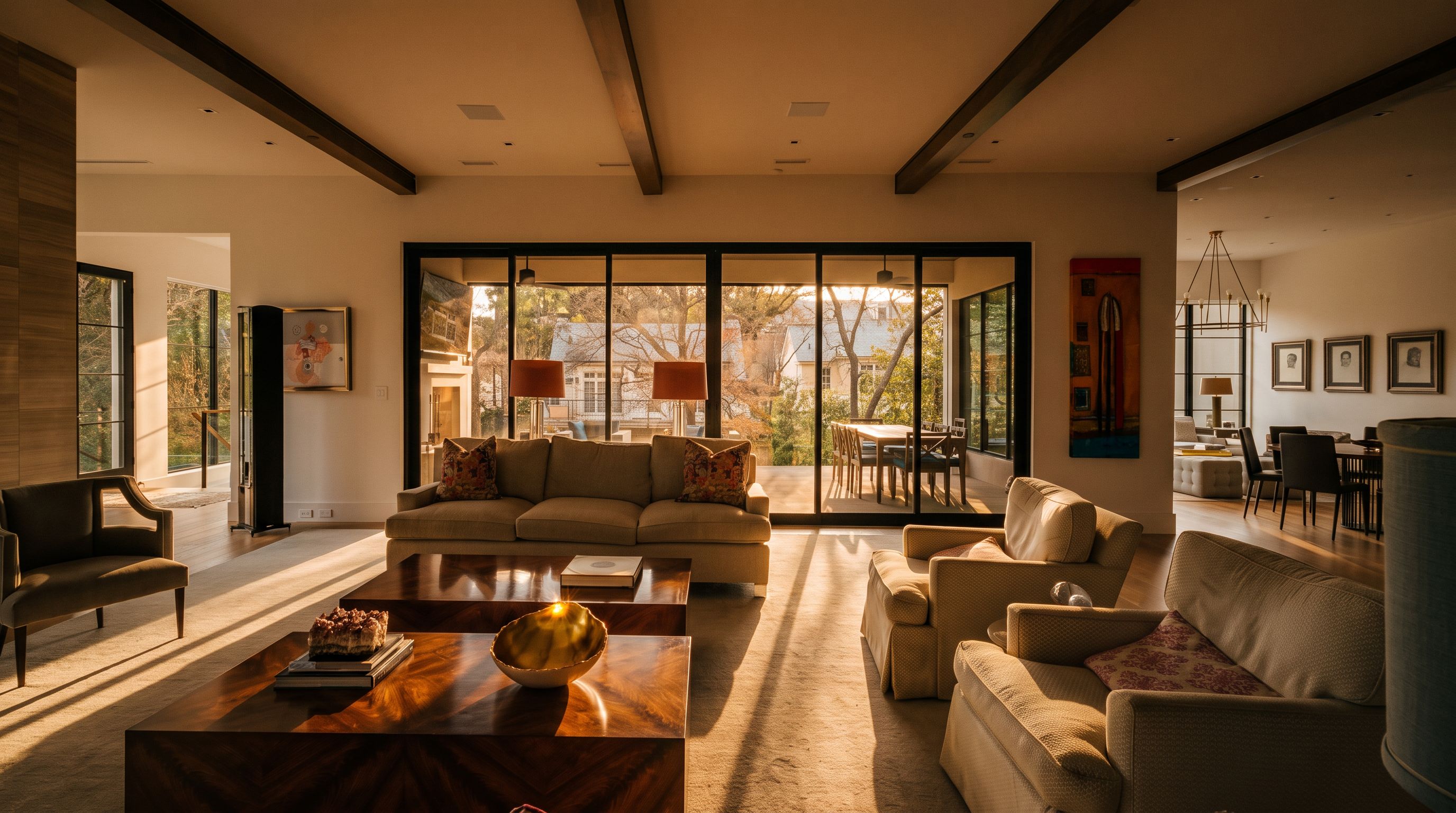 This spacious, open-concept living room features a neutral color palette with plush seating arranged around two large, dark wood coffee tables. The room is anchored by exposed wooden ceiling beams and large glass sliding doors that provide a seamless transition to an outdoor dining area. The space is decorated with vibrant abstract art and warm lighting, creating an inviting and sophisticated atmosphere.
