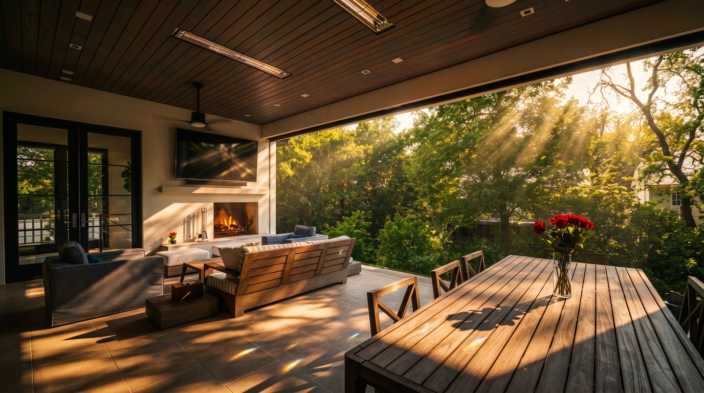 This elegant, covered outdoor living space seamlessly transitions into a lush, sun-drenched forest view, creating an ideal setting for relaxation or entertaining. The area is well-appointed with a cozy fireplace, a mounted television, comfortable lounge seating, and a dining table accented by fresh flowers. With its warm lighting, wooden ceiling, and expansive open-air design, this space offers a sophisticated blend of indoor comfort and natural beauty.