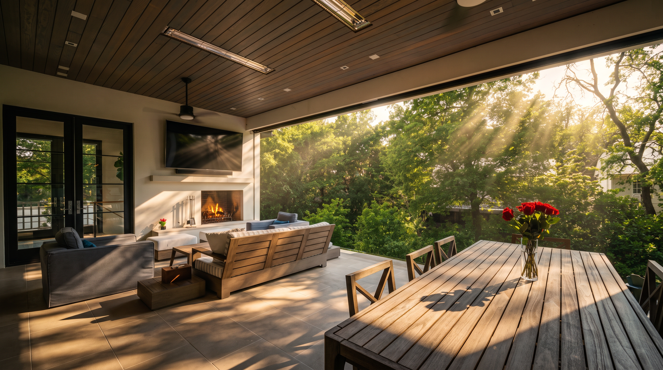 This expansive covered patio offers a seamless transition between indoor and outdoor living, featuring a comfortable lounge area with a fireplace and a large dining table. The space is defined by a wood-paneled ceiling with integrated lighting and heaters, overlooking a lush, tree-filled landscape. The open-air design creates an inviting atmosphere perfect for entertaining, with a modern aesthetic that blends natural textures and clean lines.