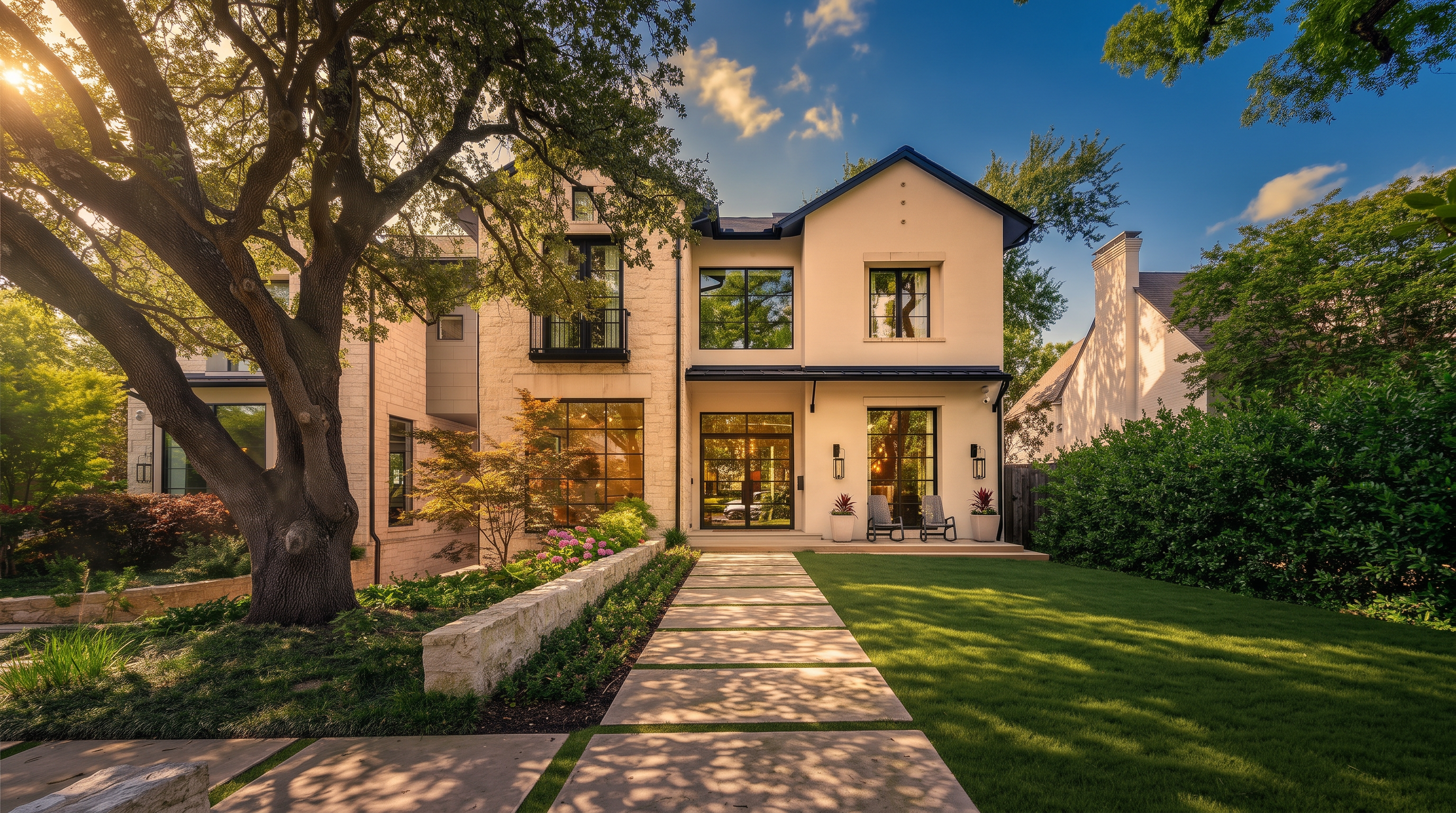 This modern luxury residence features a striking facade with a mix of light-colored stone and smooth white stucco. A prominent, mature oak tree frames the left side of the property, while a linear stone paver walkway leads directly to the central glass-paneled front entrance. The home is characterized by its clean lines, large black-framed windows, and a manicured lawn, creating an elegant and inviting curb appeal.