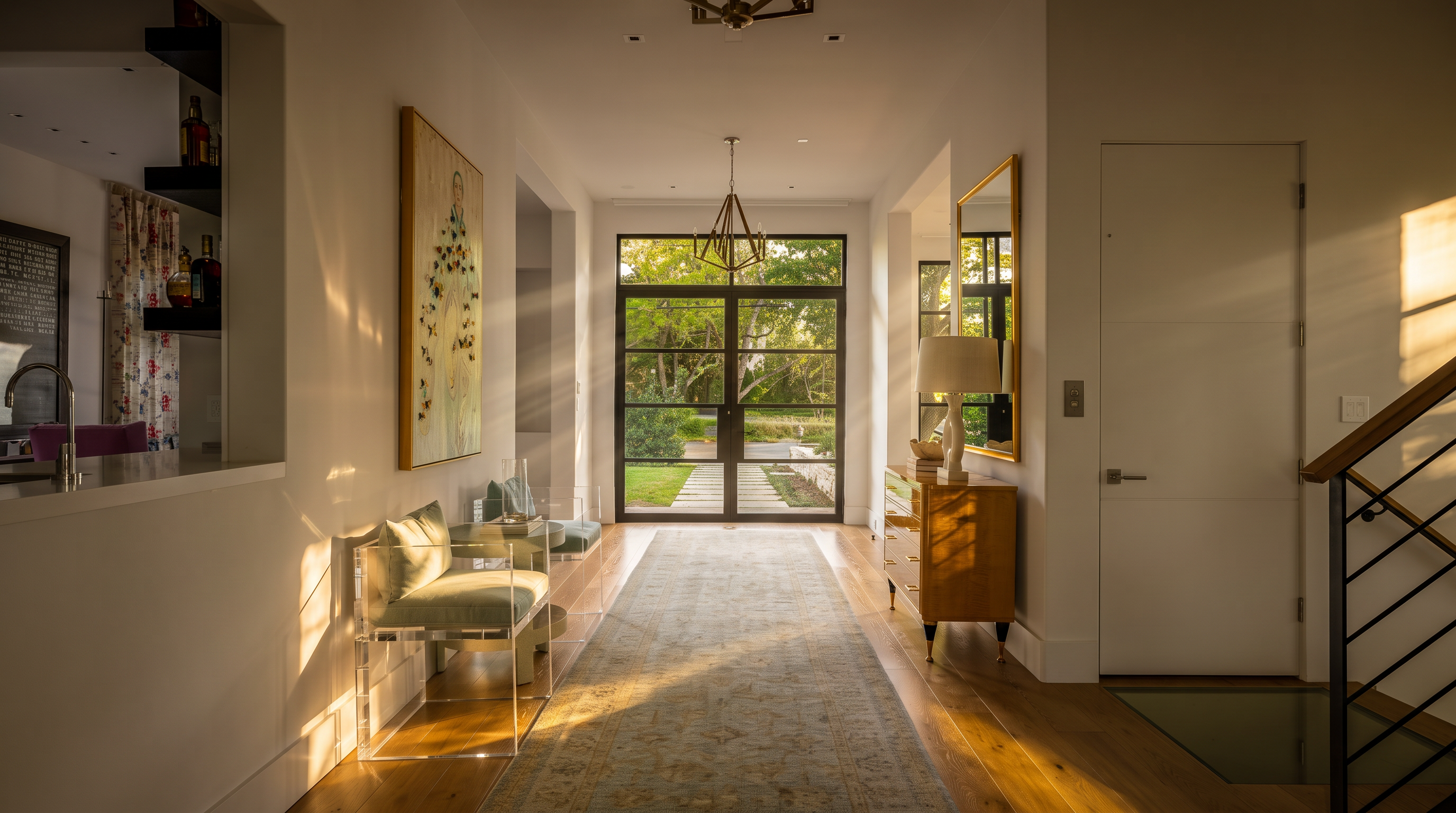 This bright and airy entryway features light wood flooring and a long, neutral-toned runner that leads toward a striking set of black-framed glass doors. To the left, a pair of modern, transparent-framed chairs sit beneath a large piece of abstract art, while a gold-toned console table with a lamp and mirror anchors the right side. The perspective is centered, drawing the eye through the home toward the lush greenery visible outside.