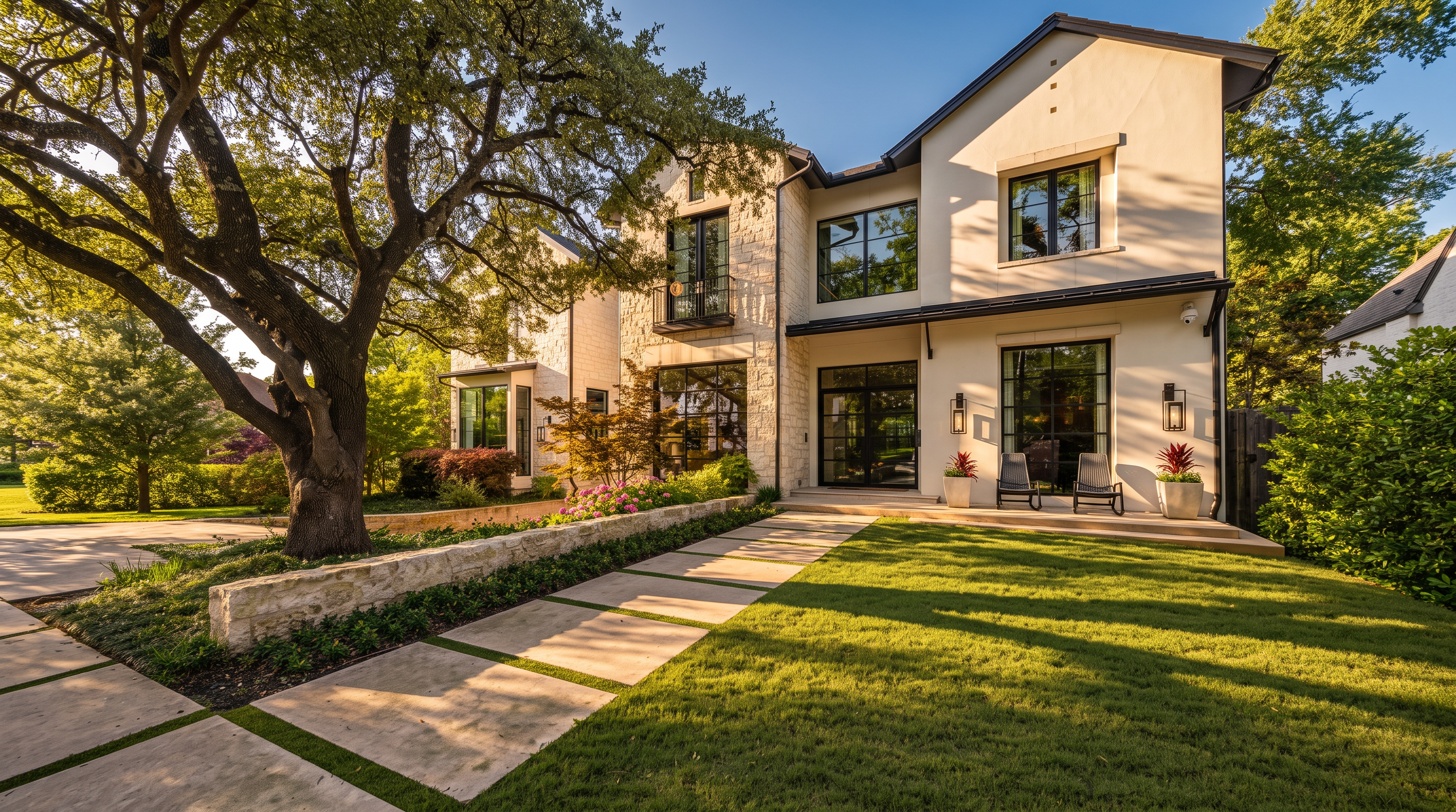 This striking modern residence features a sophisticated blend of white stucco and light-colored stone masonry, accented by dark-framed windows and doors. A wide, geometric paver walkway leads through a manicured lawn toward the entrance, which is framed by a large, mature oak tree and a low stone retaining wall. The composition offers a cinematic perspective of the home's clean lines and elegant landscaping, conveying a sense of luxury and curb appeal.