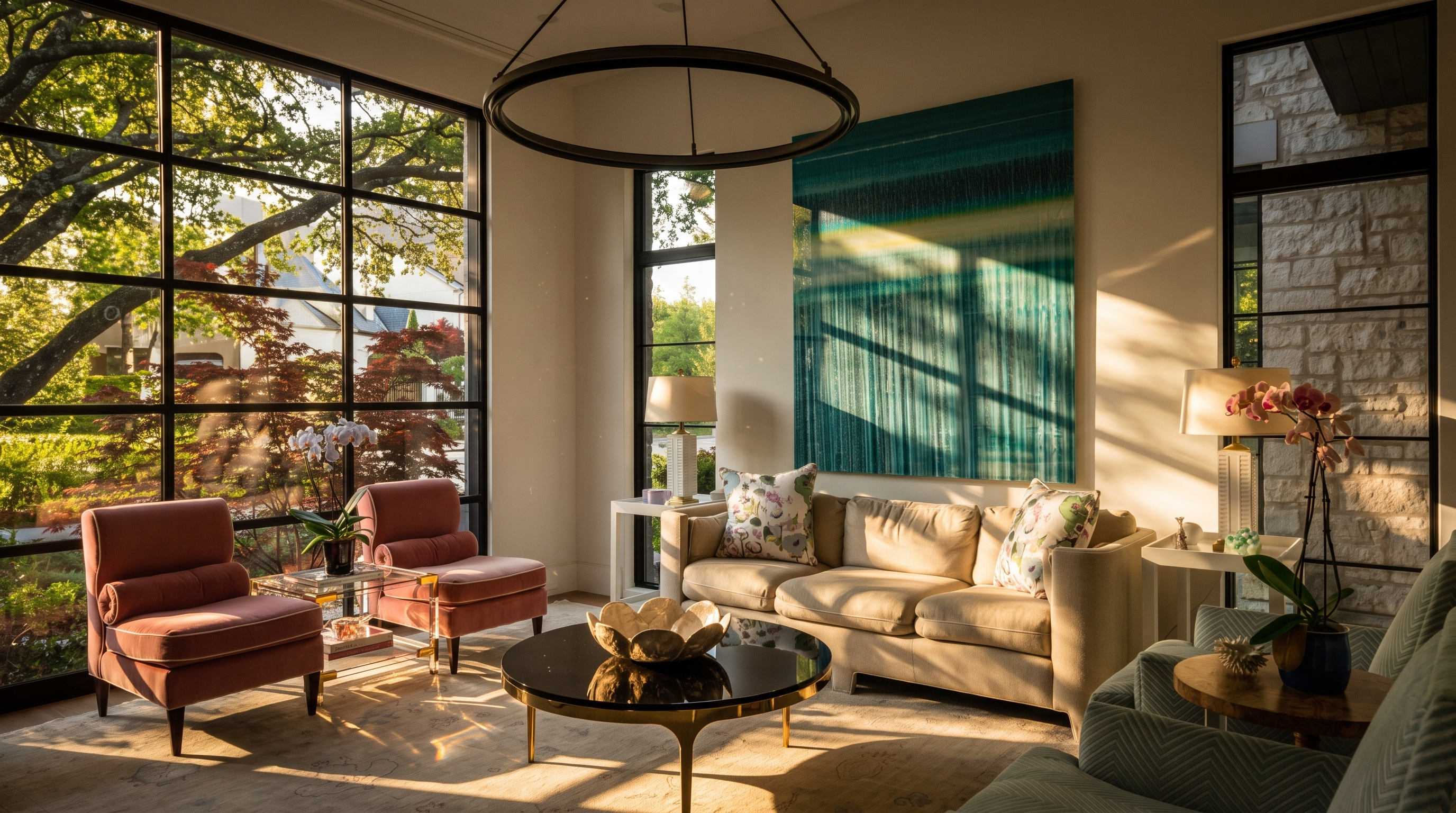 This bright and airy living room features a sophisticated blend of contemporary furniture and vibrant art. Large, grid-paned windows allow for abundant natural light, while a striking teal abstract painting serves as a focal point above a neutral-toned sofa. The space is anchored by a circular coffee table with a dark top and a light-colored area rug, creating an elegant and inviting atmosphere.
