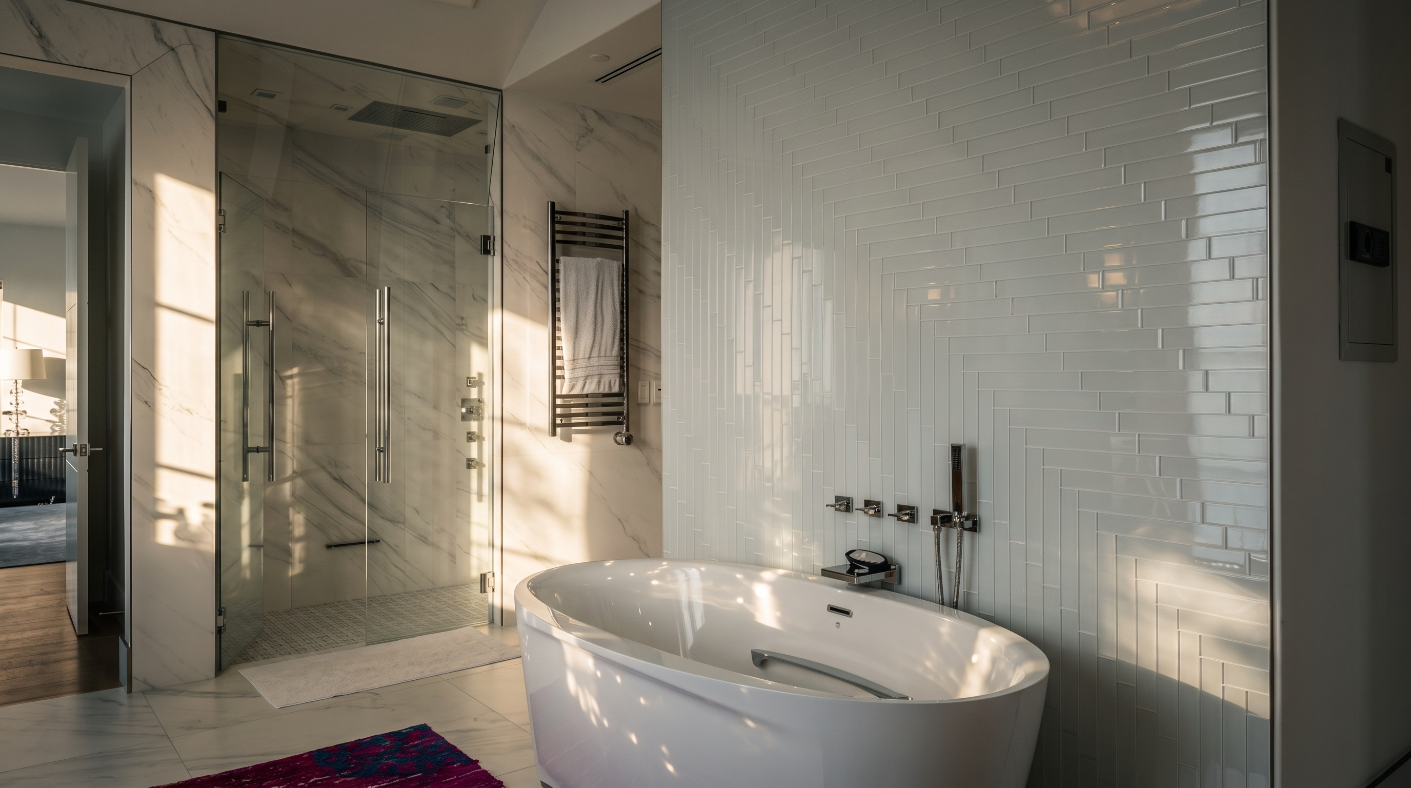 This luxurious primary bathroom features a sleek, freestanding soaking tub positioned against a wall of white subway-style tile. To the left, a glass-enclosed walk-in shower with stone-patterned walls adds a modern, airy feel to the space. The room is finished with light-colored stone flooring and a vibrant, patterned rug, creating a bright and sophisticated atmosphere.