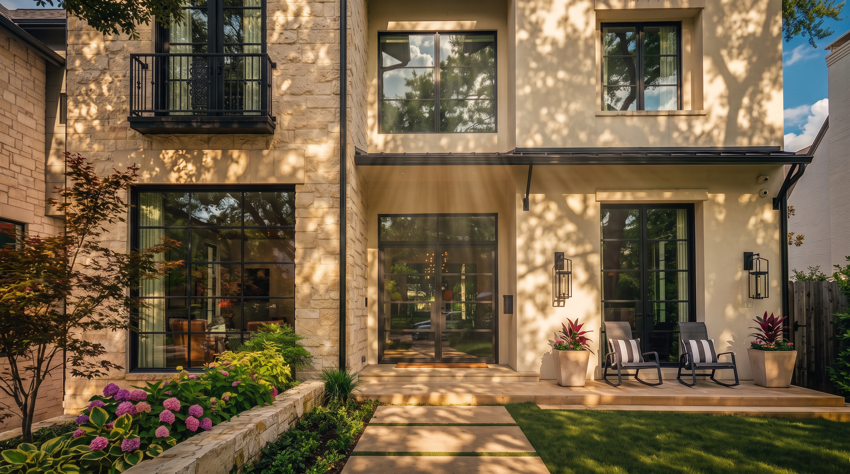 This modern, luxury home features a striking combination of white stucco and textured stone exterior, accented by sleek black window frames and doors. The inviting front entrance is complemented by a manicured lawn, elegant landscaping with blooming hydrangeas, and a comfortable patio area with rocking chairs. The architectural design exudes a contemporary, sophisticated aesthetic with clean lines and balanced symmetry.