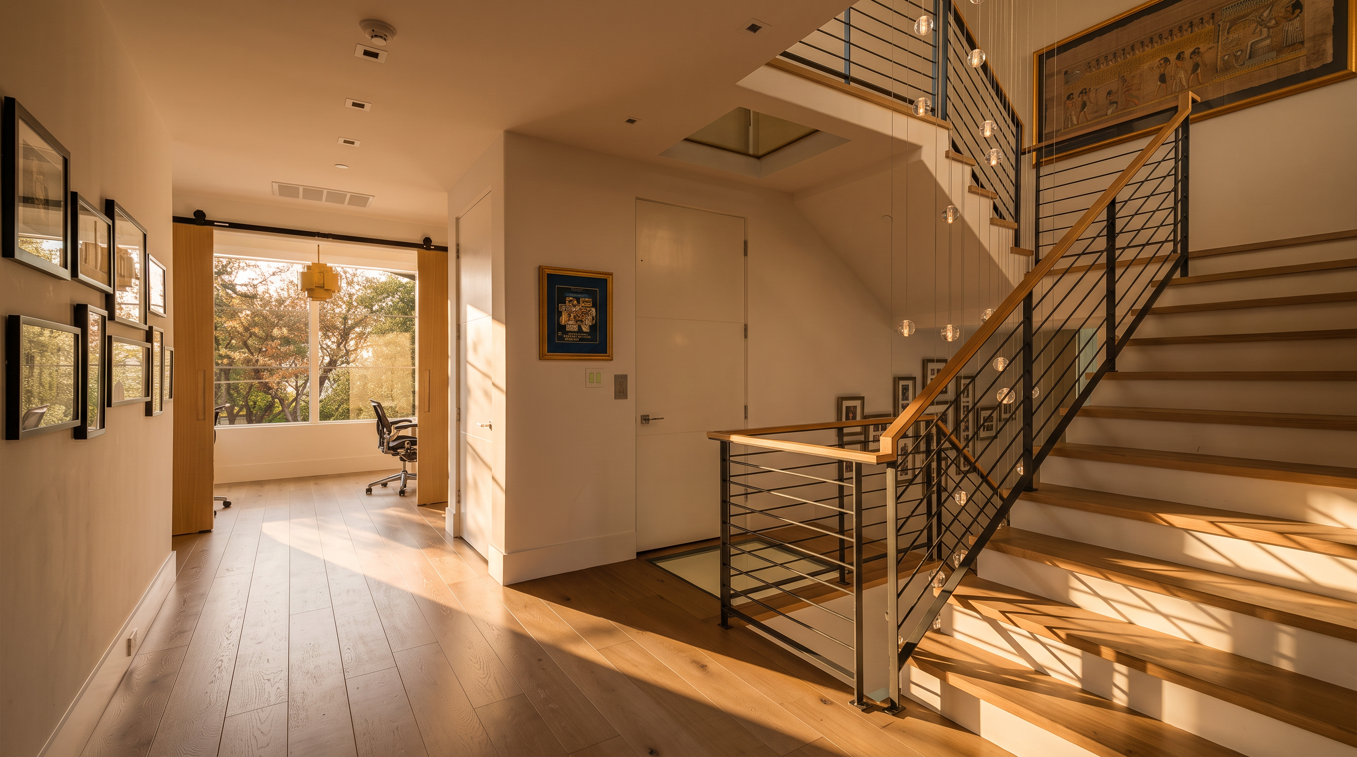 This bright, modern entryway features a prominent staircase with light wood treads, white risers, and a sleek metal railing system. To the left, a hallway leads toward a sunlit office space framed by sliding barn-style doors, while the walls are adorned with framed artwork. The perspective captures the clean lines and open flow of the home, emphasizing the airy atmosphere created by the neutral color palette and natural light.