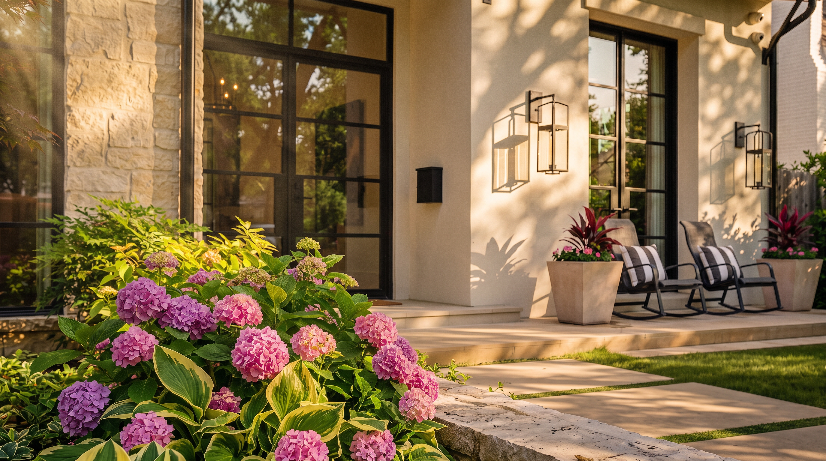 This sophisticated entryway features a clean, white stucco facade accented by striking black-framed glass doors and matching geometric wall lanterns. A stone-walled garden bed filled with vibrant pink hydrangeas and lush greenery softens the architectural lines, while a pair of comfortable rocking chairs on the patio creates an inviting, upscale outdoor living space. The overall aesthetic is modern, elegant, and meticulously maintained, making for excellent curb appeal.