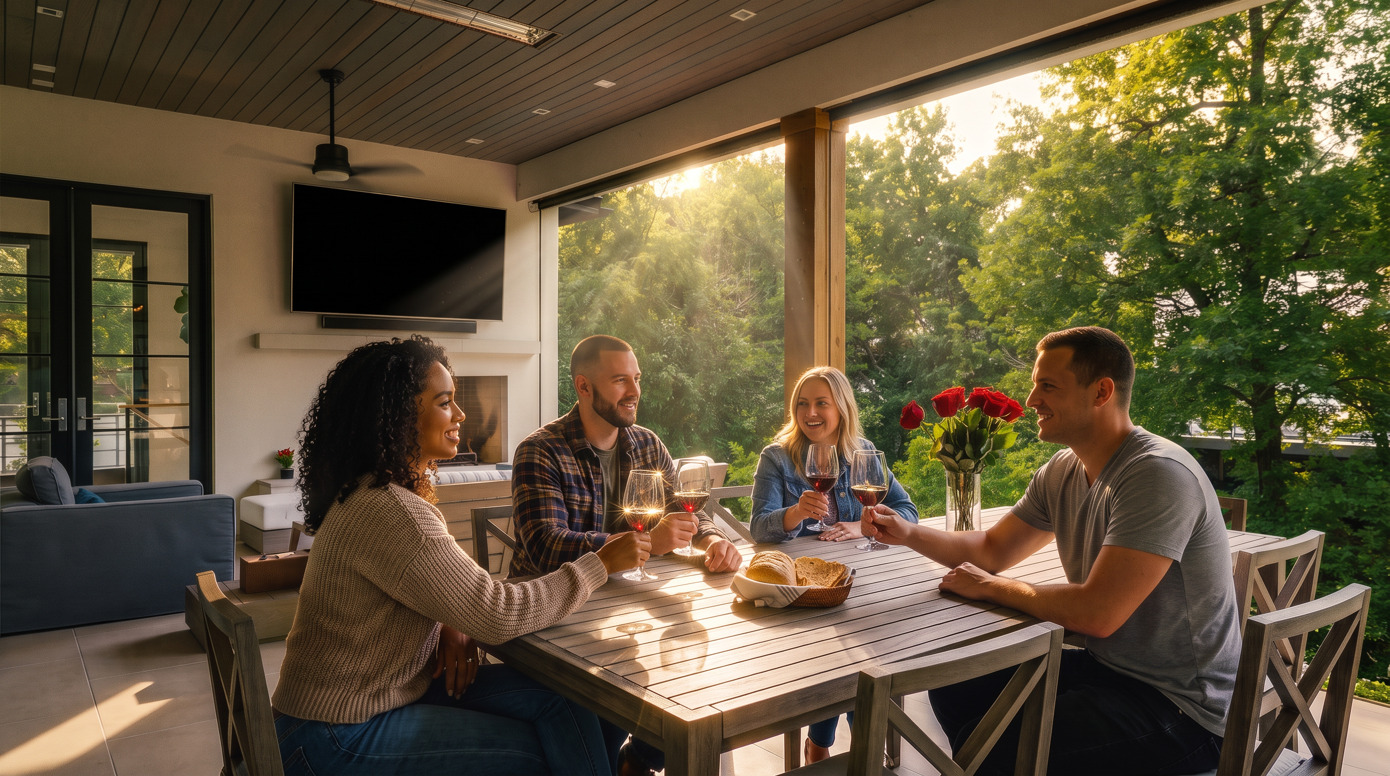 This luxurious covered outdoor patio offers a seamless transition between indoor and outdoor living with its expansive, open design. Featuring a built-in fireplace, a ceiling fan, and high-end dining furniture, this space is perfectly staged for social gatherings. The setting is enhanced by serene, lush green views of the surrounding trees, making it an ideal area for entertaining.