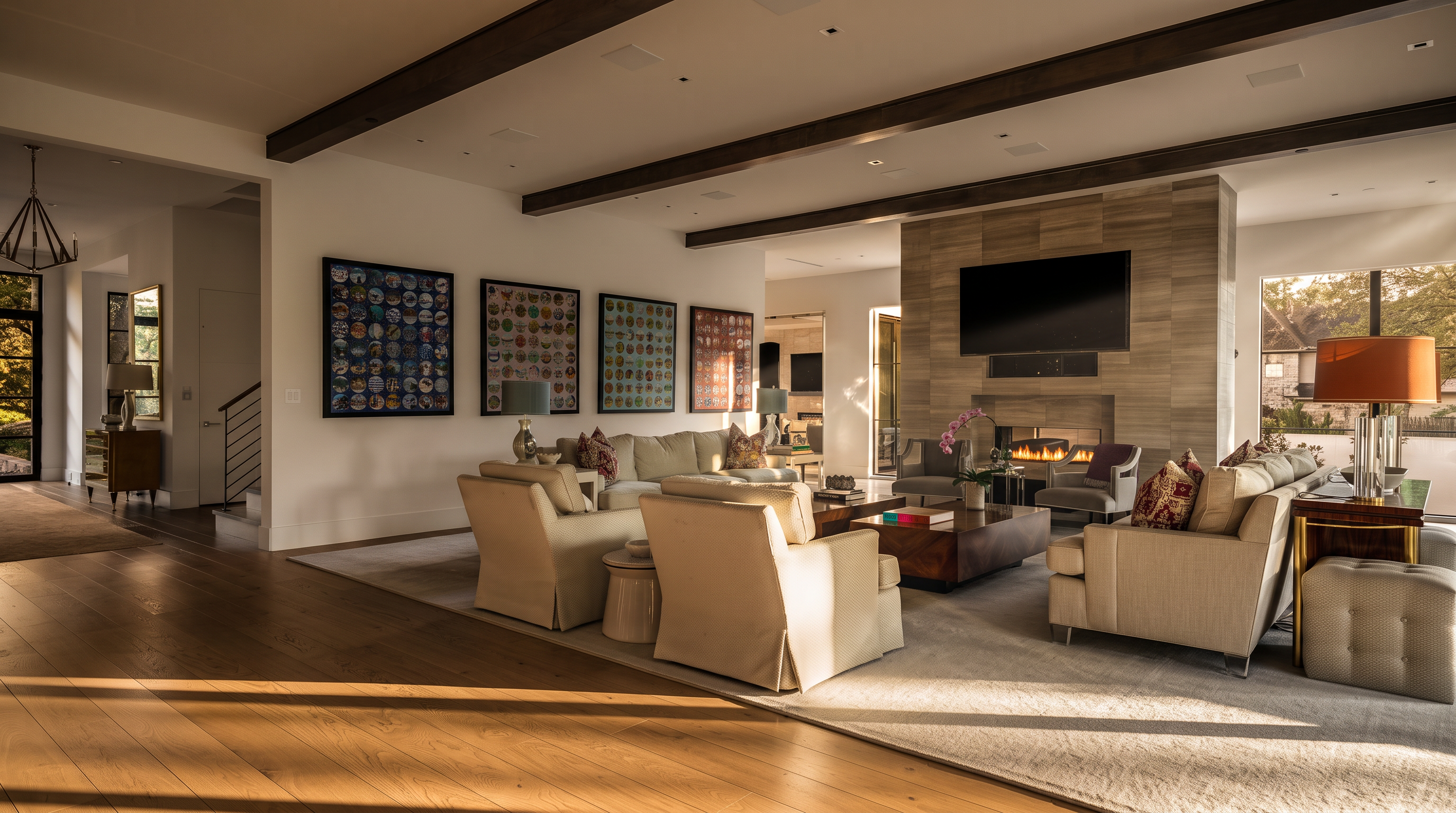 This expansive, open-concept living room features light wood flooring and exposed dark wood ceiling beams that add architectural character. A central stone-clad chimney breast houses a television and a fireplace, serving as the focal point of the seating area. The space is furnished with plush, neutral-toned sofas and armchairs, accented by colorful artwork on the walls and a large, low-profile coffee table.