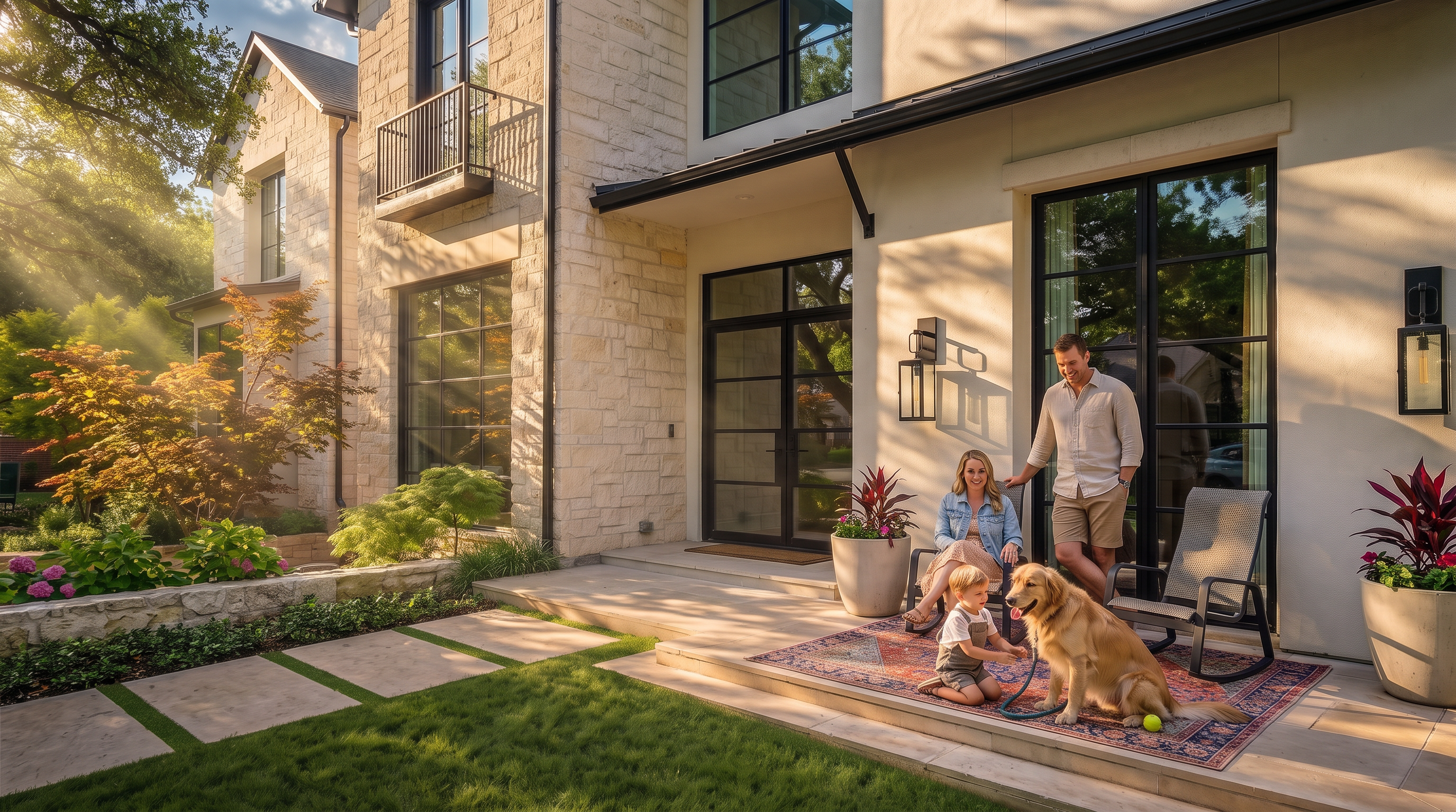 This elegantly appointed stone patio serves as a welcoming outdoor living space, featuring a family interacting with their dog on a colorful area rug. The scene highlights premium architectural details including floor-to-ceiling black-framed glass doors, a stone façade, and manicured landscaping. The blend of modern luxury and comfortable family living makes this an inviting, high-end residential feature.