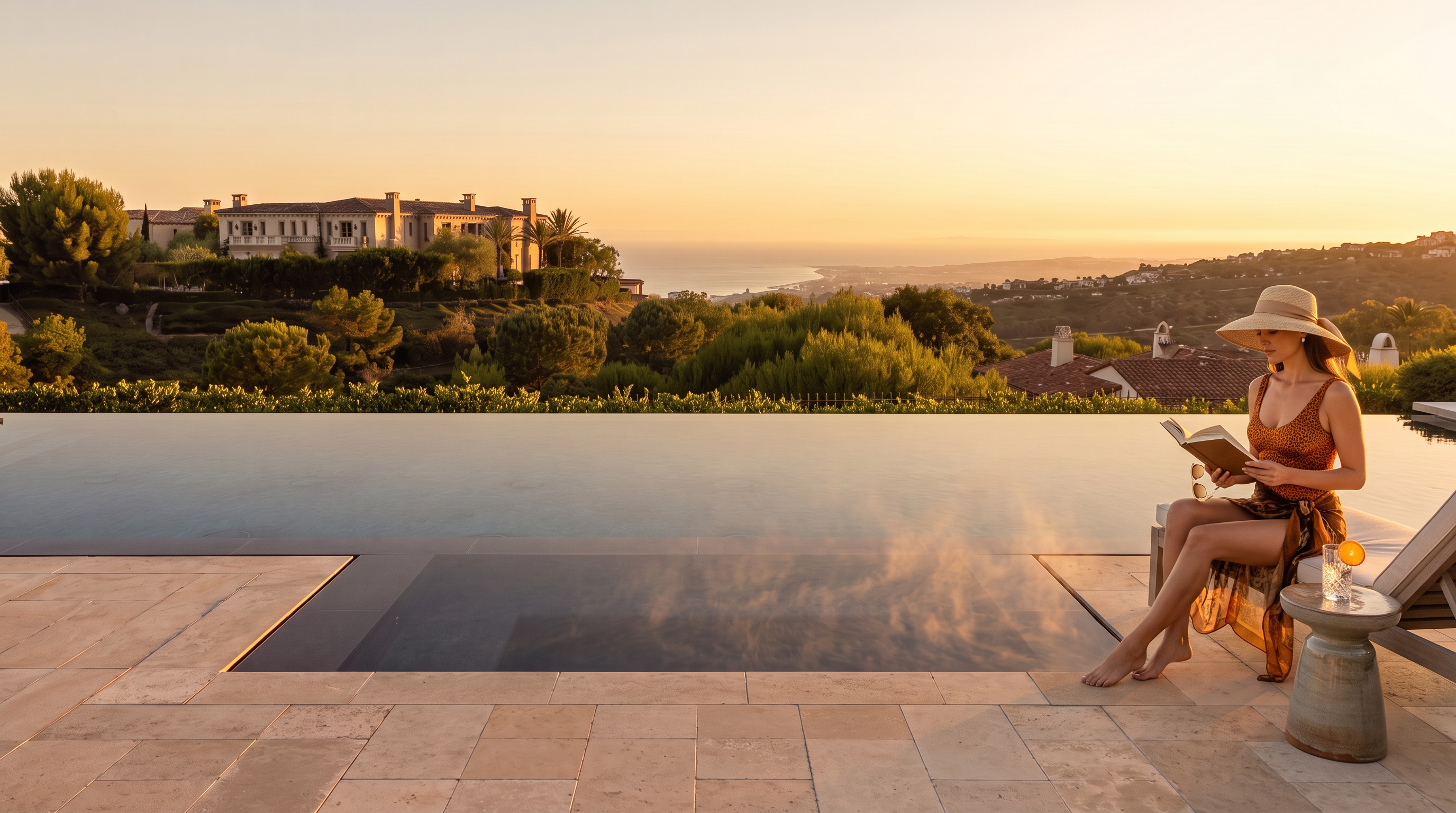 This image captures a stunning infinity-edge pool and integrated spa overlooking a vast coastal landscape. The foreground features the dark-tiled edge of the pool and spa, leading the eye toward a panoramic view of rolling hills, lush greenery, and the distant ocean horizon. The scene is bathed in bright, clear daylight, emphasizing the luxurious outdoor living space and the expansive, scenic setting.