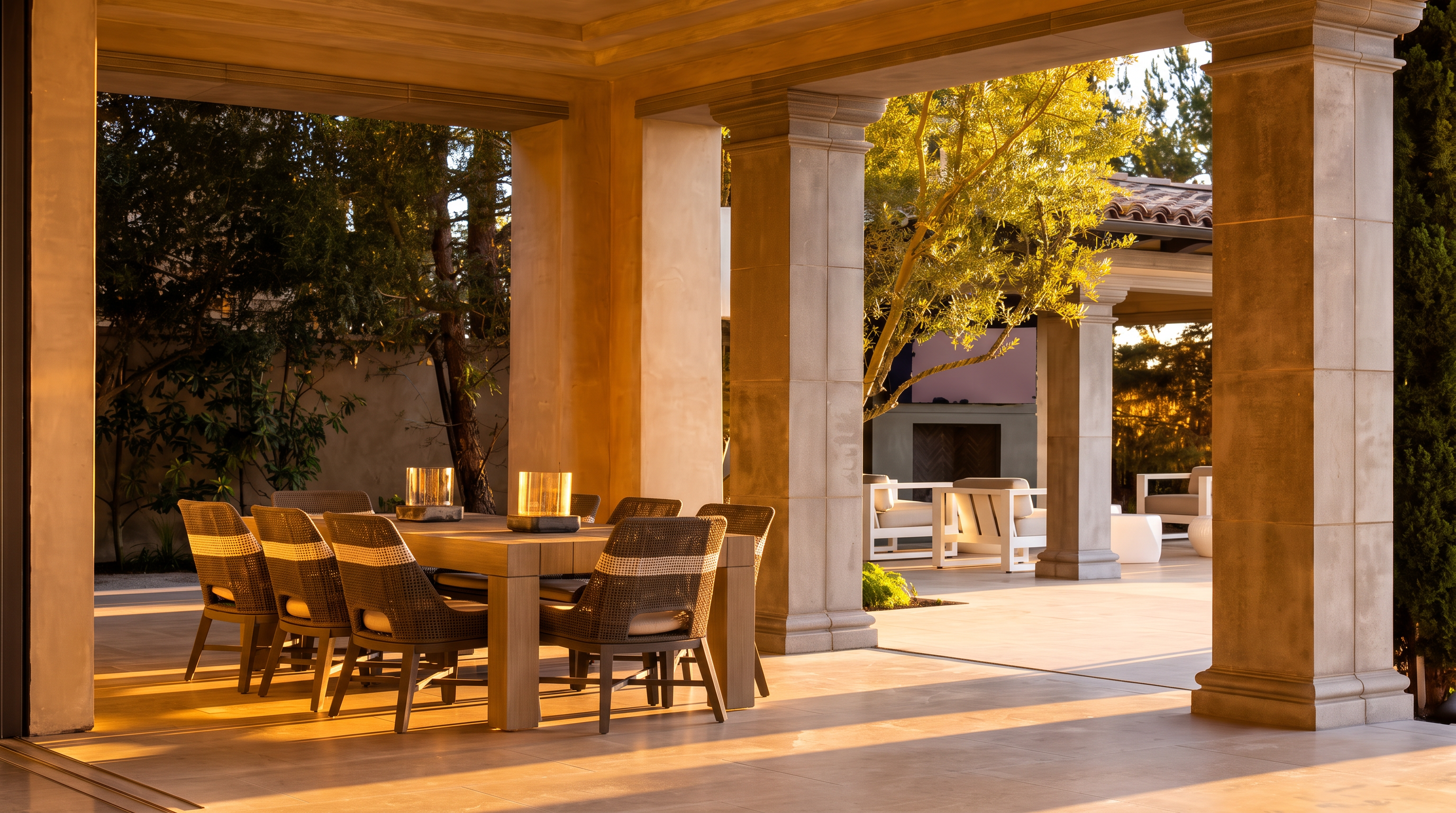 This elegant covered patio features a spacious dining area with a large table and woven chairs, set against a backdrop of stone columns and warm, ambient lighting. The space transitions seamlessly to an outdoor lounge area, creating a sophisticated environment for al fresco entertaining. The perspective captures the depth of the covered terrace, highlighting the architectural stone details and the inviting, sun-drenched atmosphere.