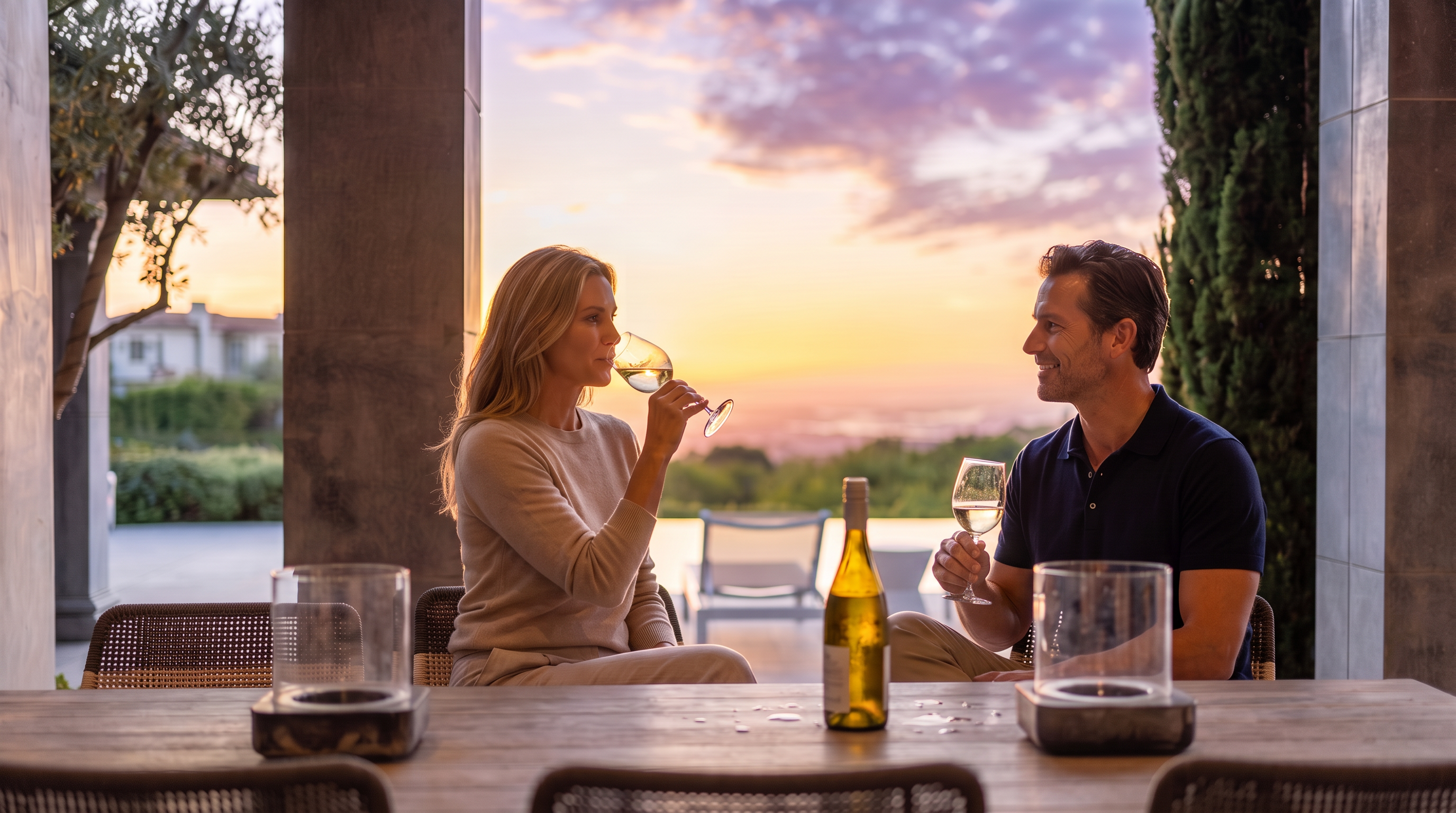 This image captures a serene outdoor dining area under a covered patio, looking out toward a sunset over a distant landscape. The foreground features a wooden dining table with chairs, while the patio transitions to a stone-paved deck with lounge chairs positioned beside a sleek infinity-edge pool. The architectural framing of the patio columns creates a cinematic, framed view of the horizon, emphasizing the property's expansive and tranquil setting.