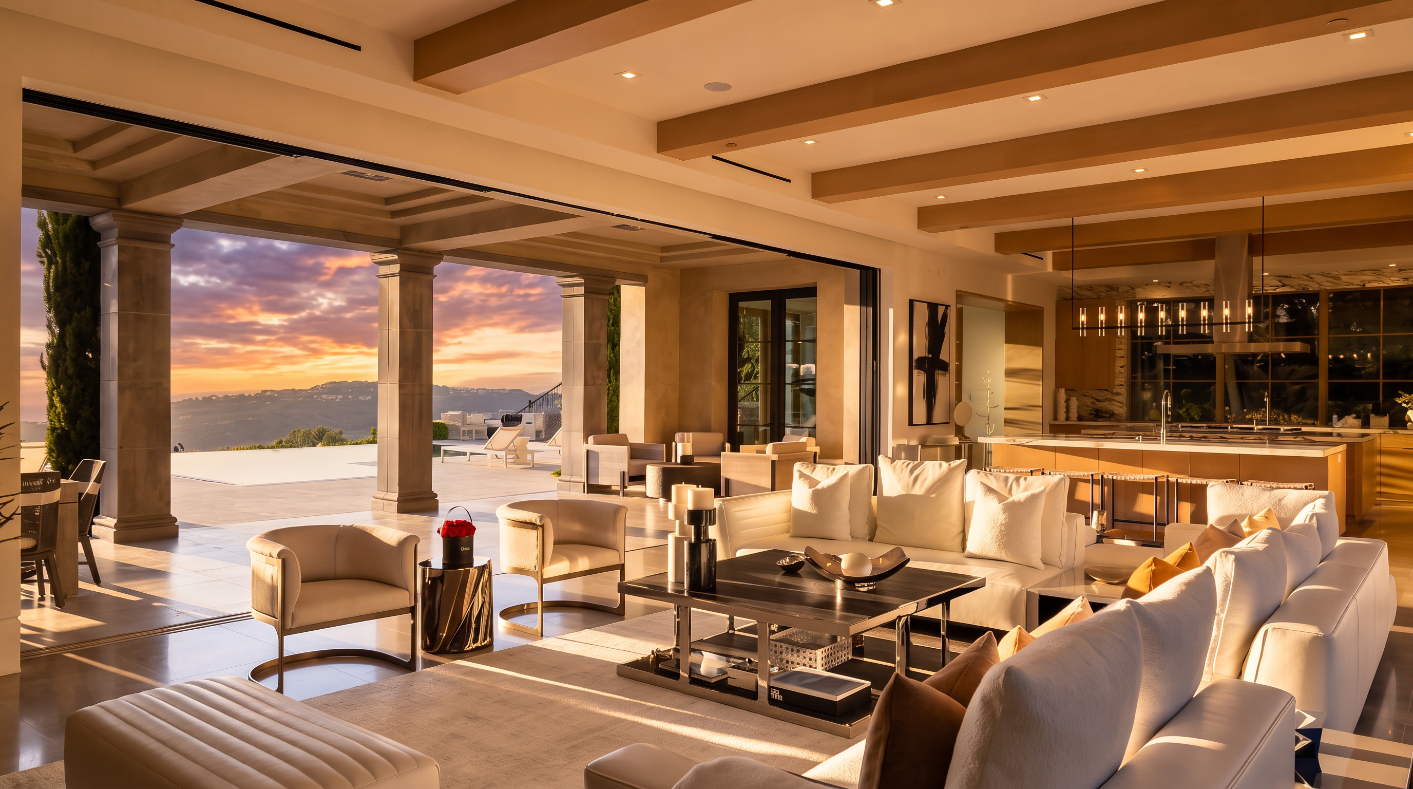 This expansive, open-concept living area seamlessly transitions to an outdoor patio through massive, retractable glass walls, creating a fluid indoor-outdoor living experience. The space features a neutral color palette with plush white sofas, a modern coffee table, and light wood ceiling beams that add architectural interest. The perspective captures the sophisticated interior design while framing the scenic, sun-drenched landscape beyond the covered terrace.