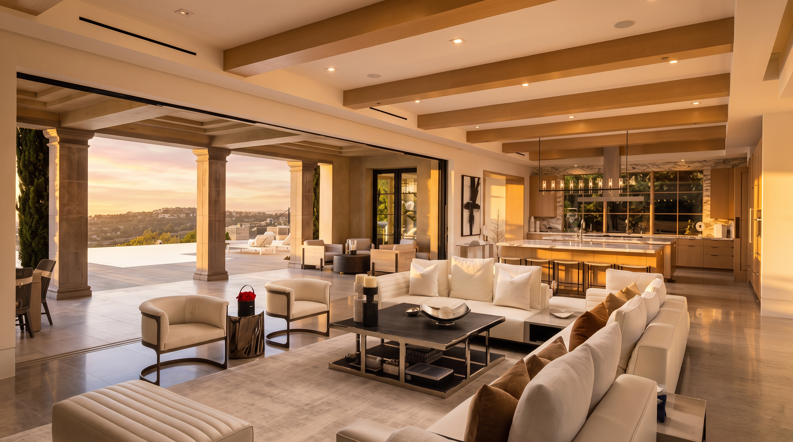 This expansive, open-concept living area seamlessly transitions to an outdoor patio through massive, retractable glass walls, creating an indoor-outdoor living experience. The space features a neutral color palette, light wood ceiling beams, and a large, plush sectional sofa arranged around a central coffee table. In the background, a gourmet kitchen with a large island and bar seating completes the sophisticated, modern design.