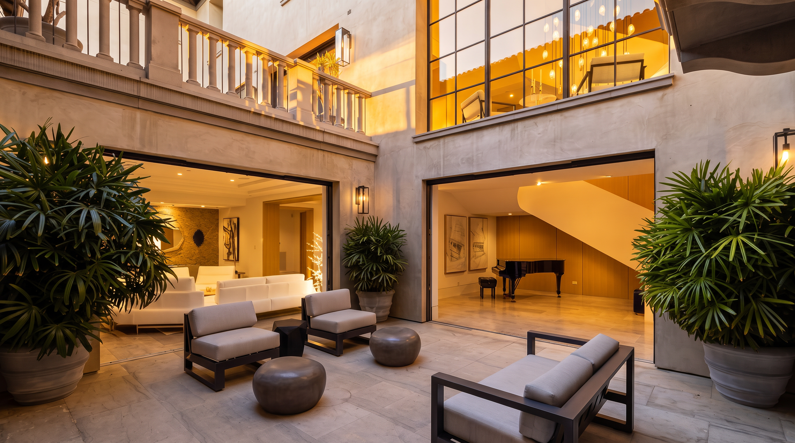 This sophisticated courtyard patio features stone flooring and is framed by large, open-concept living spaces that seamlessly blend indoor and outdoor areas. The space is furnished with modern outdoor seating, including armchairs and a sofa, accented by large potted plants and minimalist stone ottomans. The perspective captures the architectural symmetry of the home, highlighting the transition between the exterior lounge and the interior living areas, which include a grand piano and a staircase.