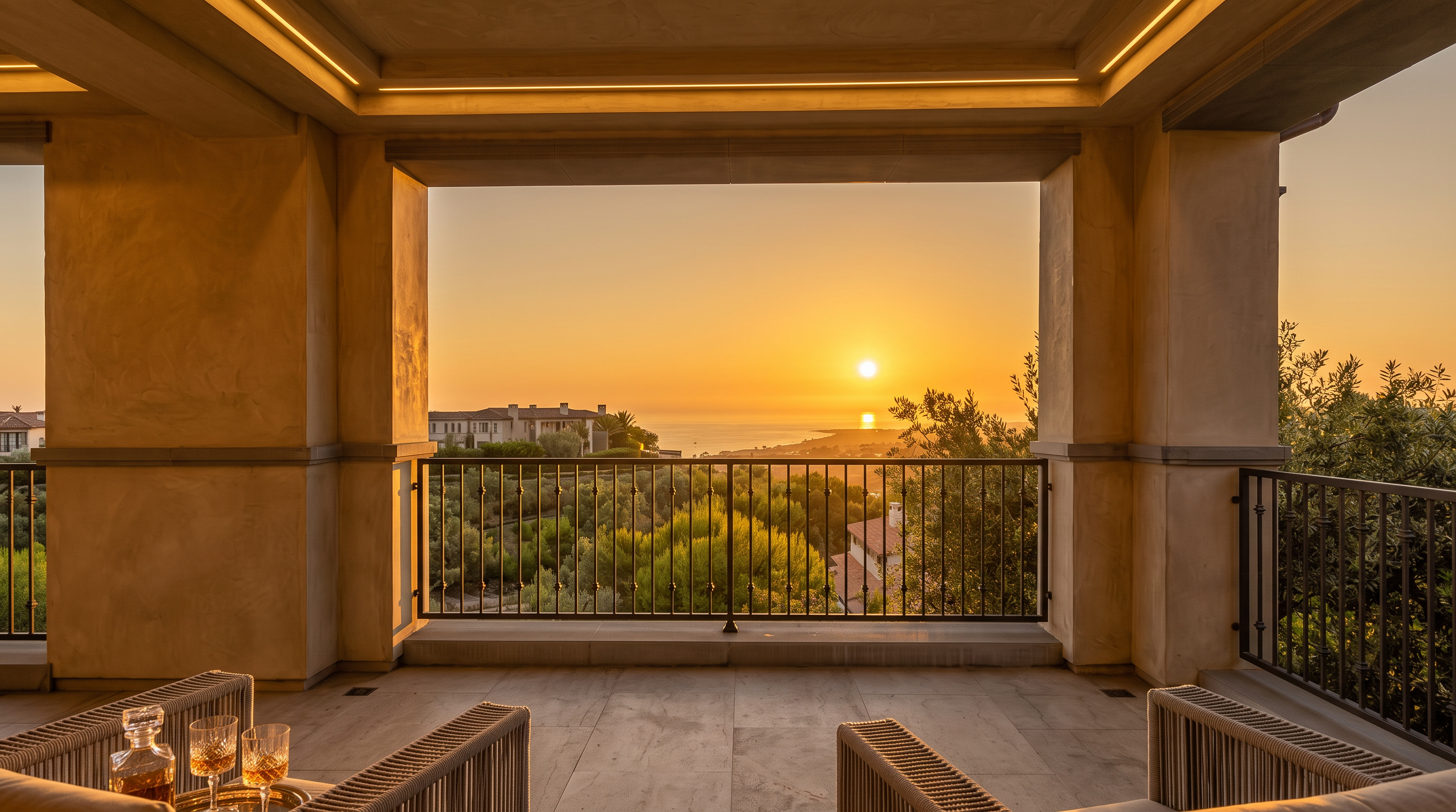 This covered balcony offers a sophisticated outdoor living space with a panoramic view of the coastline and surrounding hills. The area features neutral-toned stone flooring, sturdy pillars, and a black metal railing that maintains an unobstructed sightline to the horizon. The perspective is centered, emphasizing the seamless transition between the sheltered lounge area and the expansive natural landscape beyond.