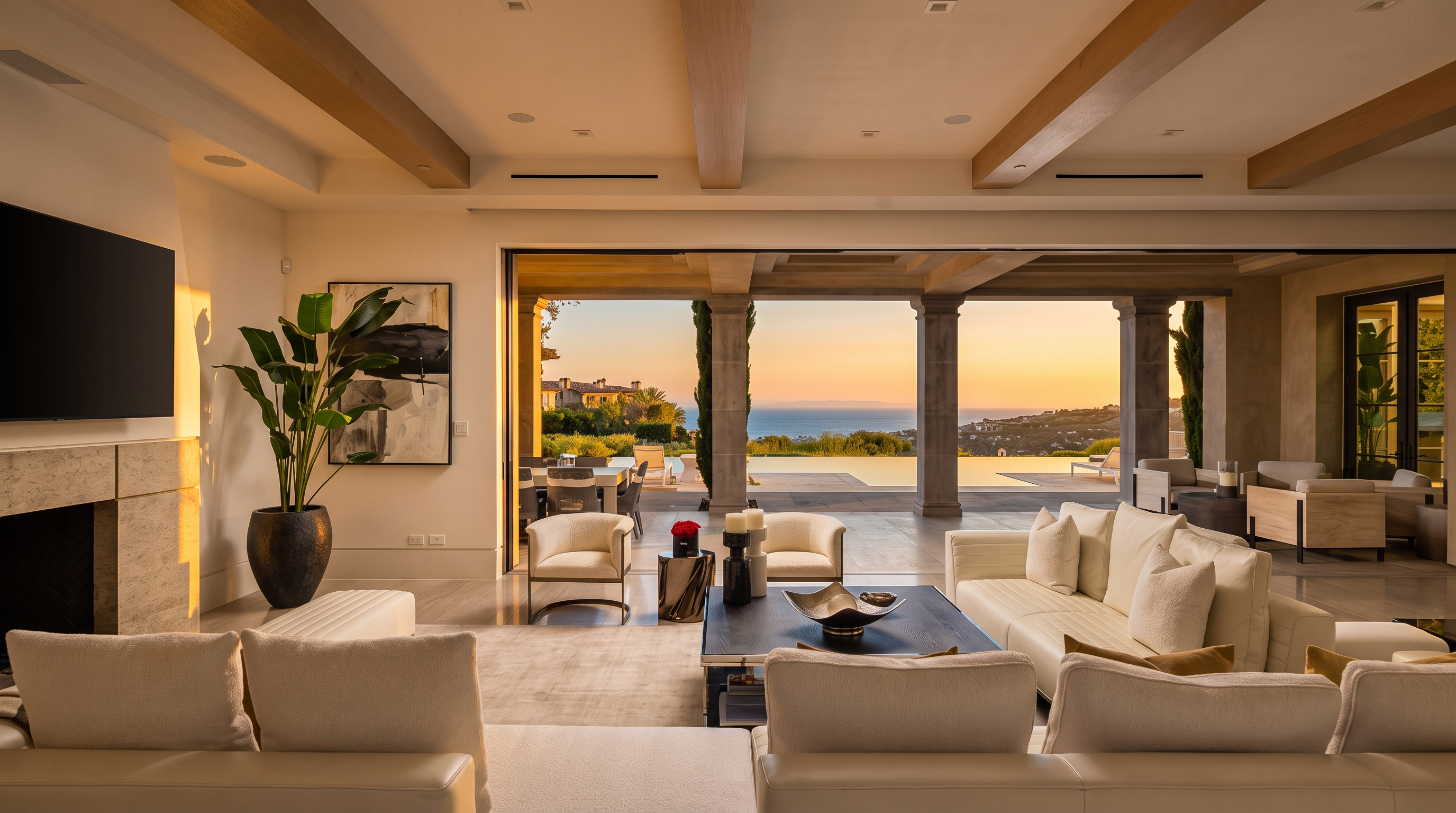 This expansive, open-concept living room features a neutral color palette and a seamless transition to an outdoor patio through large, retractable glass doors. The space is anchored by a large, light-colored sectional sofa and a central coffee table, with a tall, stone-clad fireplace surround visible on the left. The room is framed by exposed wood ceiling beams and offers a stunning, unobstructed view of the ocean and horizon beyond the pool area.