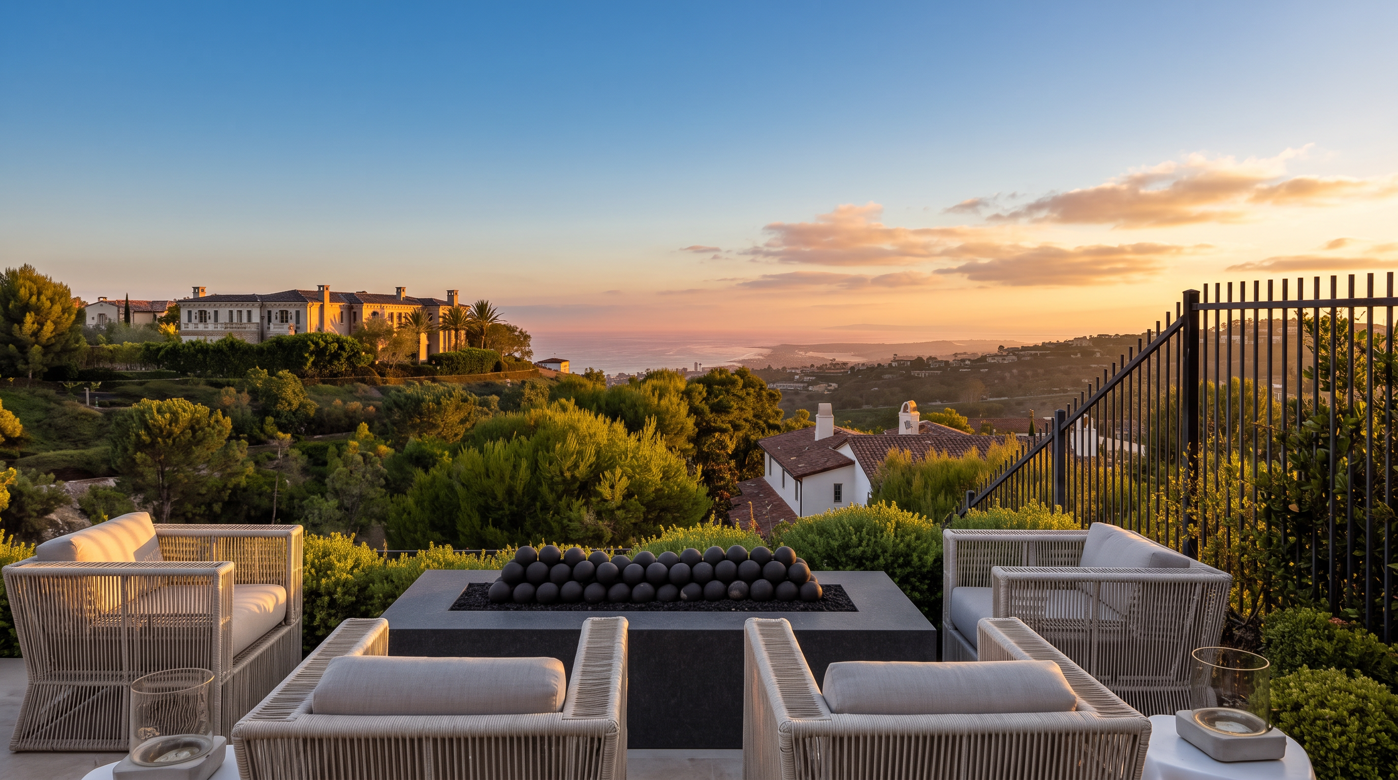 This elevated outdoor patio offers a sophisticated seating area with four modern, light-toned woven armchairs arranged around a rectangular fire feature filled with dark decorative stones. The space provides a sweeping, panoramic view of the coastline, rolling hills, and distant residential neighborhoods under a clear blue sky. The setting is framed by a black metal railing and lush green landscaping, creating a serene and luxurious atmosphere perfect for entertaining.