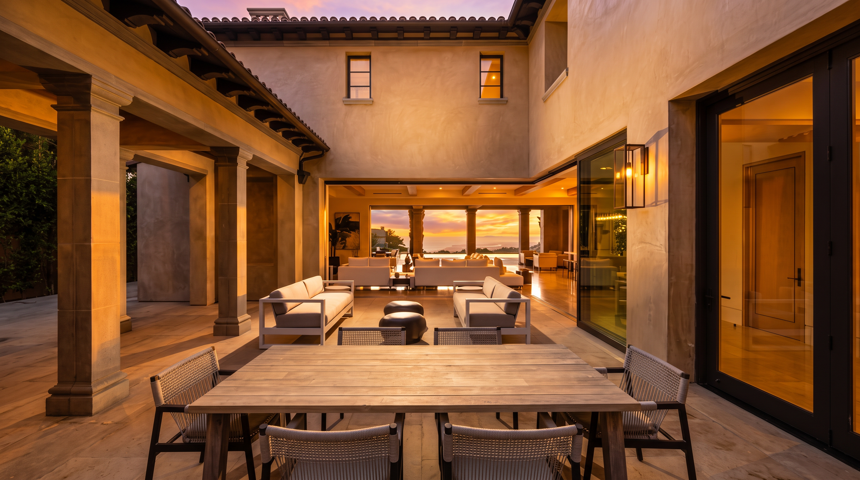 This expansive covered patio features a dining area with a light wood table and woven chairs, transitioning into a comfortable outdoor lounge space with plush sofas. The architecture showcases a Mediterranean-inspired design with stone columns and a tiled roof, opening seamlessly into a bright interior living area. The perspective captures a serene sunset view over the horizon, creating an inviting and luxurious atmosphere for outdoor entertaining.