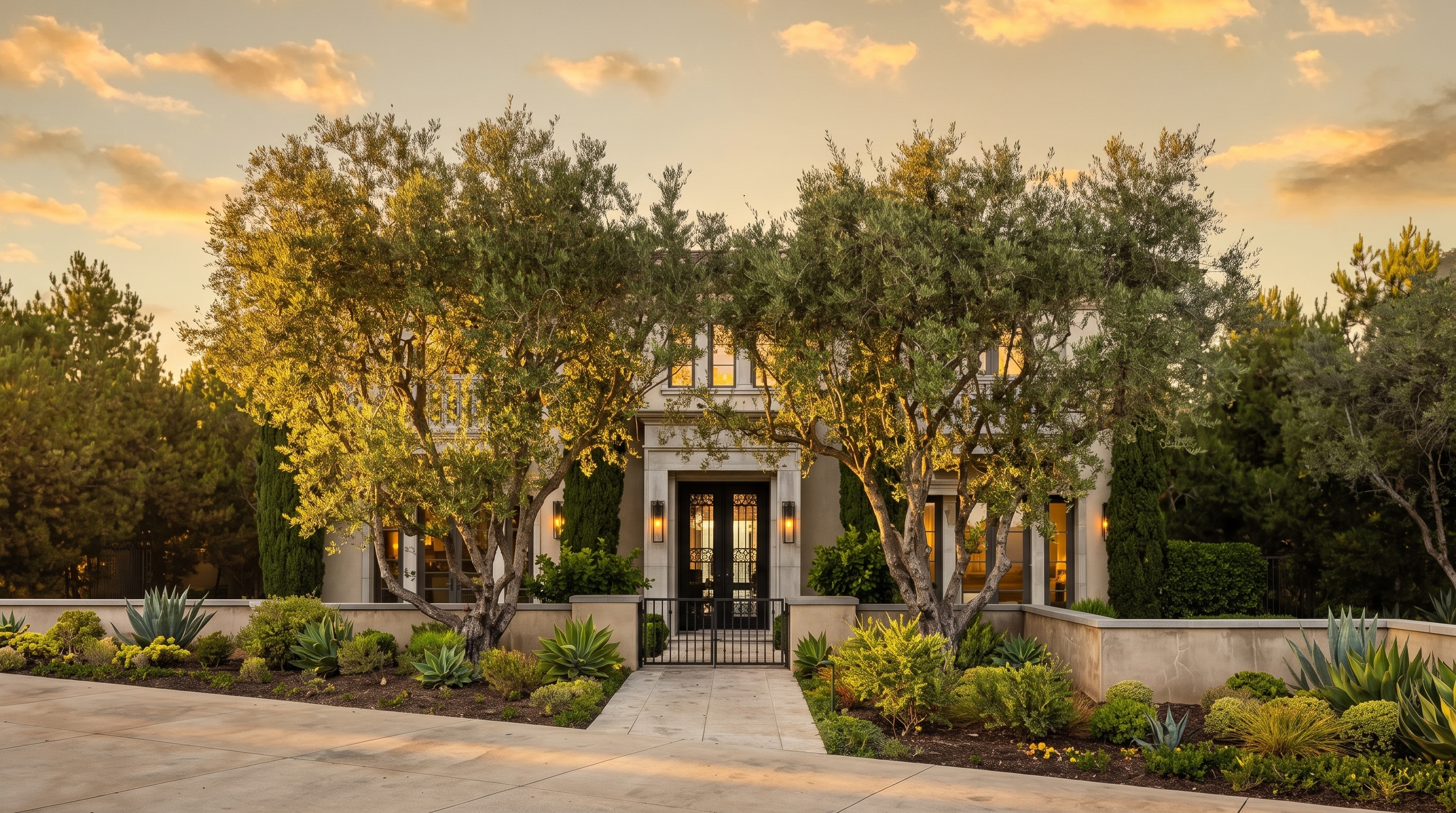 This elegant two-story residence features a symmetrical facade with a prominent central entryway framed by dark double doors. The home is surrounded by mature, manicured olive trees and lush landscaping, creating a private and sophisticated curb appeal. A paved walkway leads directly to the front gate, emphasizing the grand and welcoming nature of the property's entrance.