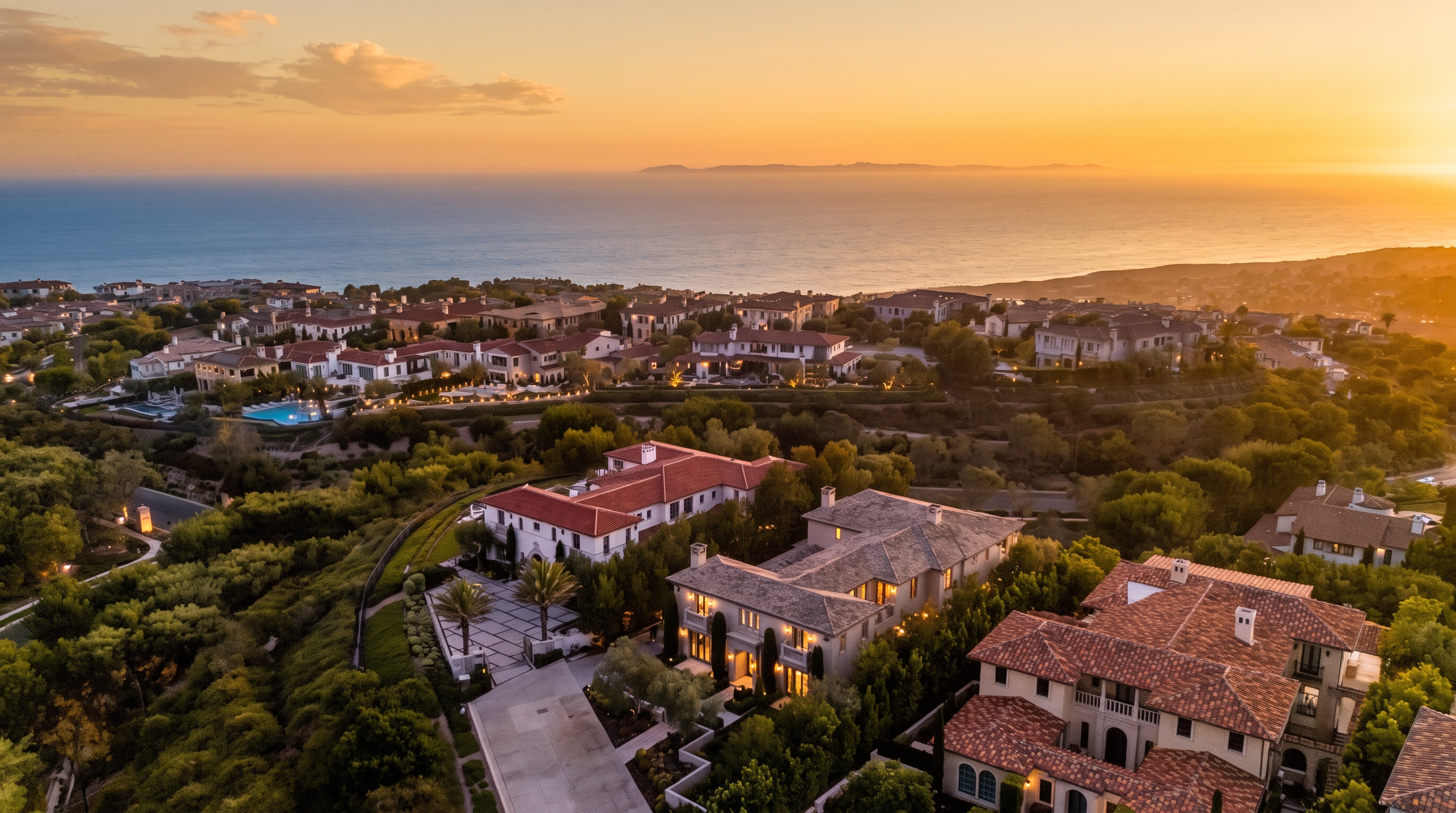 This high-angle aerial view captures a luxurious coastal residential neighborhood at sunset, showcasing several large Mediterranean-style estates with terracotta-tiled roofs. The perspective highlights the expansive layout of the properties, their proximity to the ocean, and the lush, hilly landscape surrounding the community. The warm, golden light of the setting sun creates a serene and prestigious atmosphere, emphasizing the exclusive nature of the location.