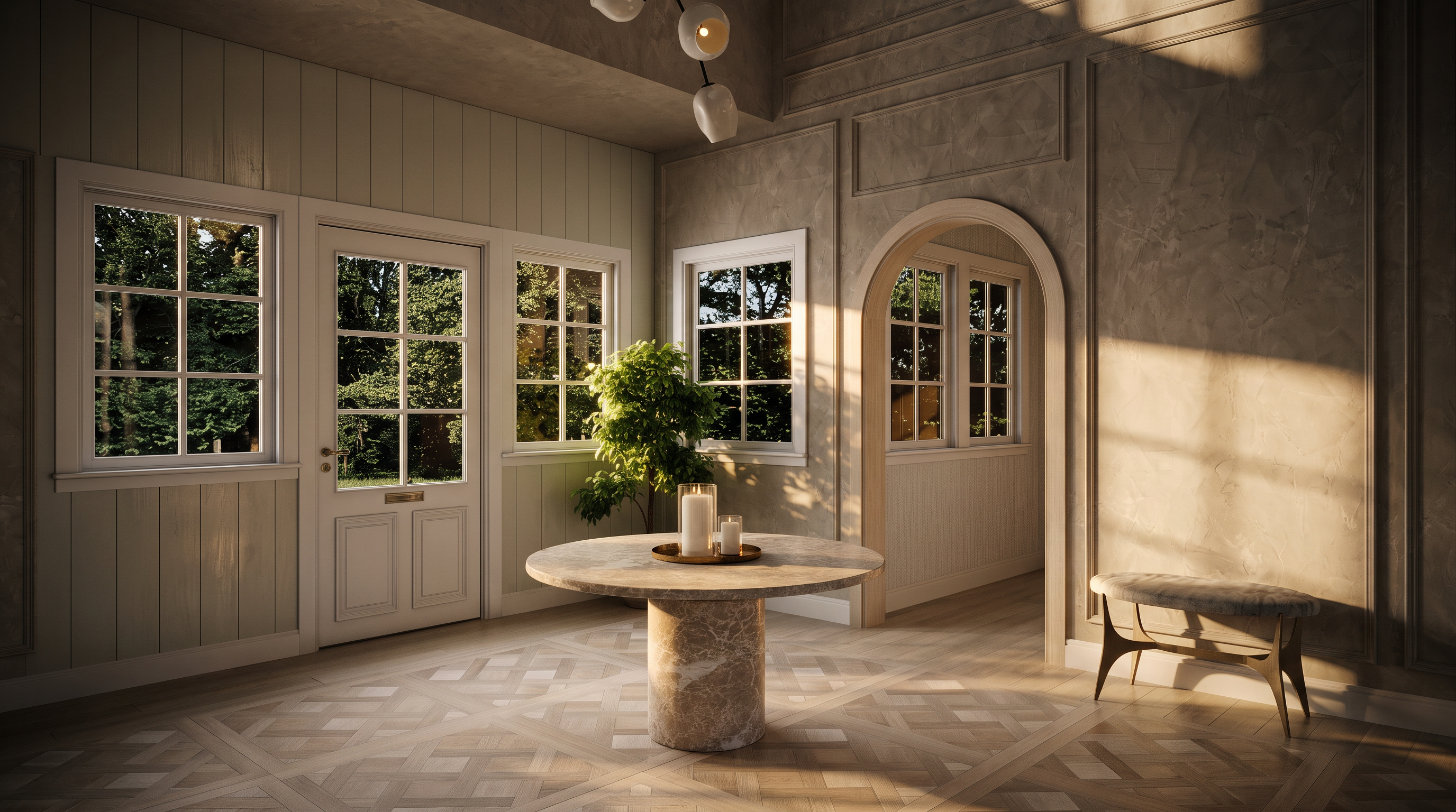 This elegant foyer features a sophisticated circular stone pedestal table centered in the space, topped with a decorative tray and candles. The room is illuminated by a modern, multi-globe chandelier suspended from a high ceiling, while the floor showcases an intricate, light-toned geometric wood pattern. An arched doorway leads to an adjacent room, and large windows provide ample natural light, creating an airy and welcoming atmosphere.