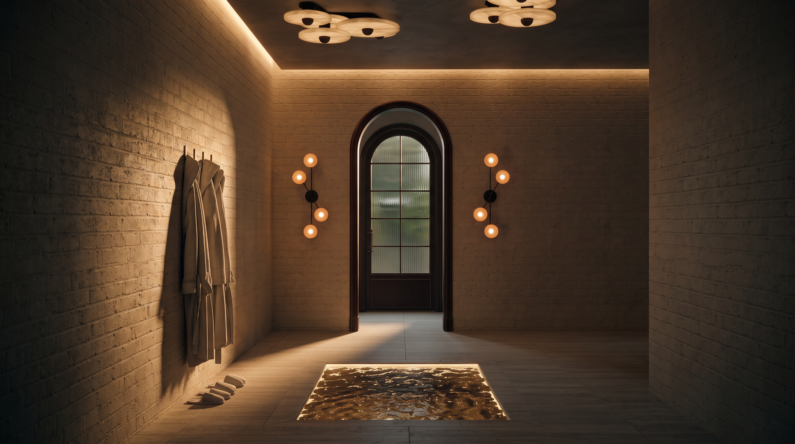 This sophisticated hallway features textured, light-toned walls and a warm, ambient lighting scheme created by unique, multi-disc ceiling fixtures and wall-mounted globe sconces. A central arched doorway with dark wood trim serves as a focal point, while a recessed, illuminated floor feature adds a dramatic, artistic touch to the space. The overall aesthetic is modern and luxurious, with a robe hanging on the wall and slippers placed neatly on the floor, suggesting a high-end residential spa or private suite.