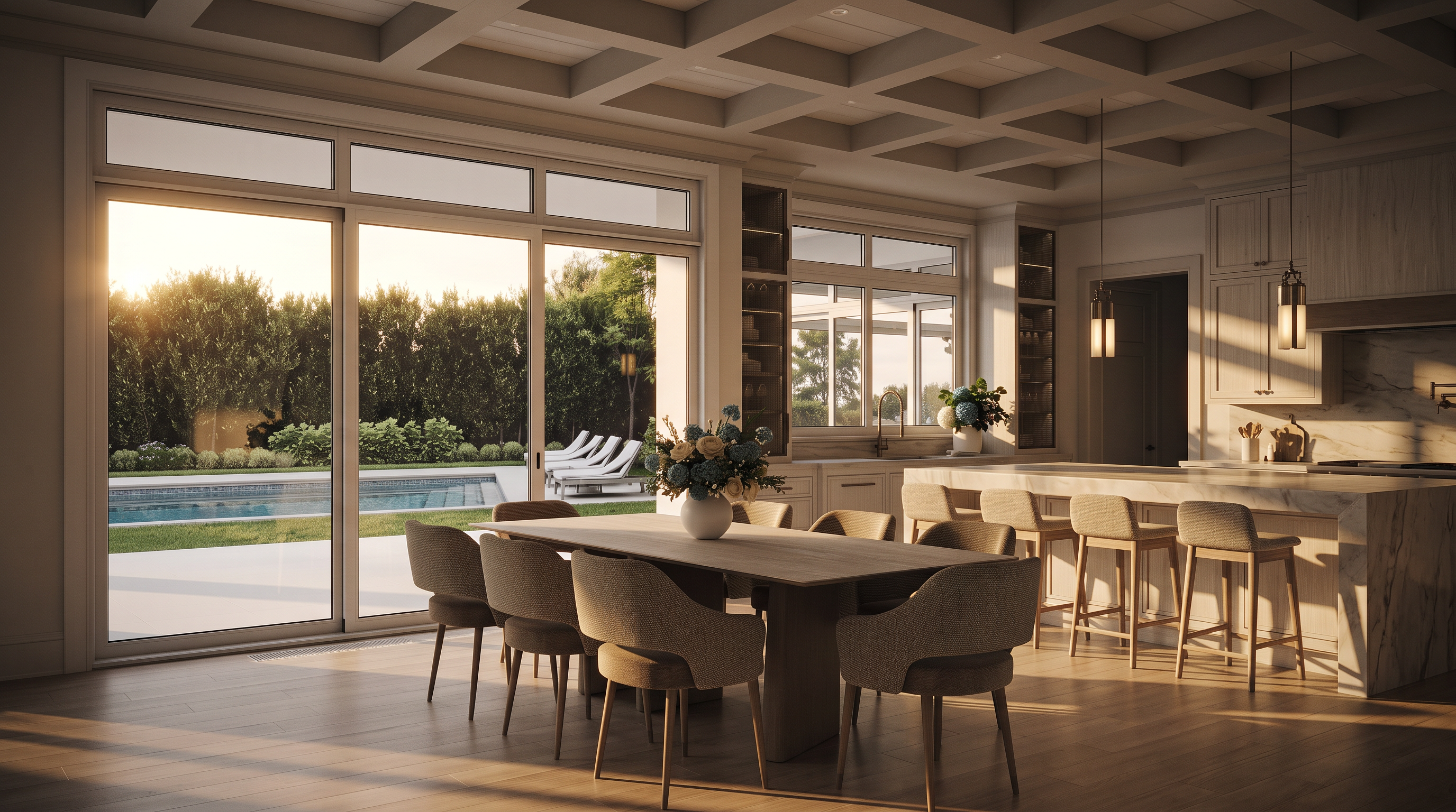 This elegant dining area features a light wood table surrounded by six upholstered chairs, set beneath a sophisticated coffered ceiling with recessed lighting. Large sliding glass doors provide a seamless transition to the outdoor pool area, bathing the room in natural light. The space is complemented by an adjacent kitchen island and built-in shelving, creating a cohesive and airy open-concept living environment.